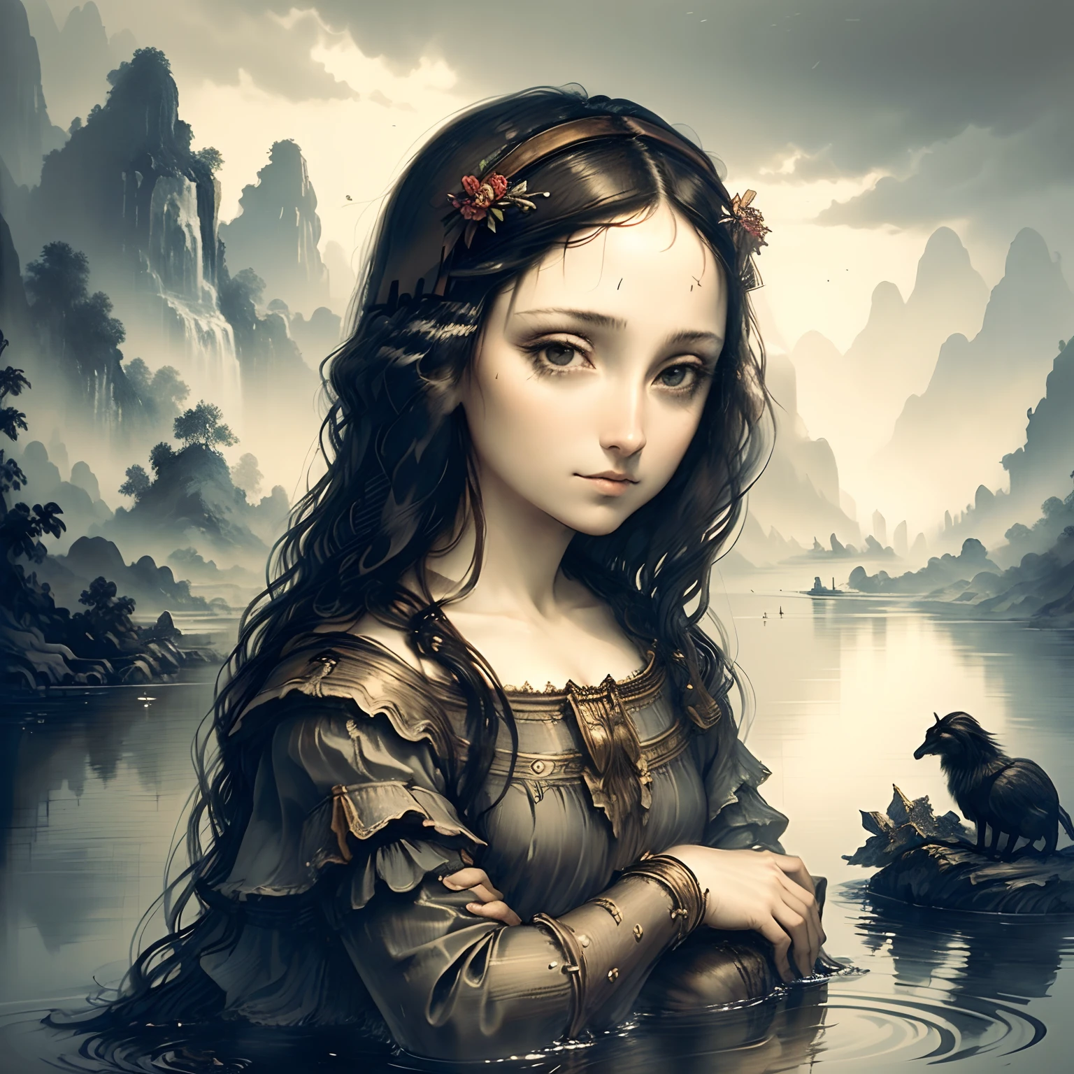 A dark-haired, Sitting in the same position as the Mona Lisa, Water is gone, monochromes
