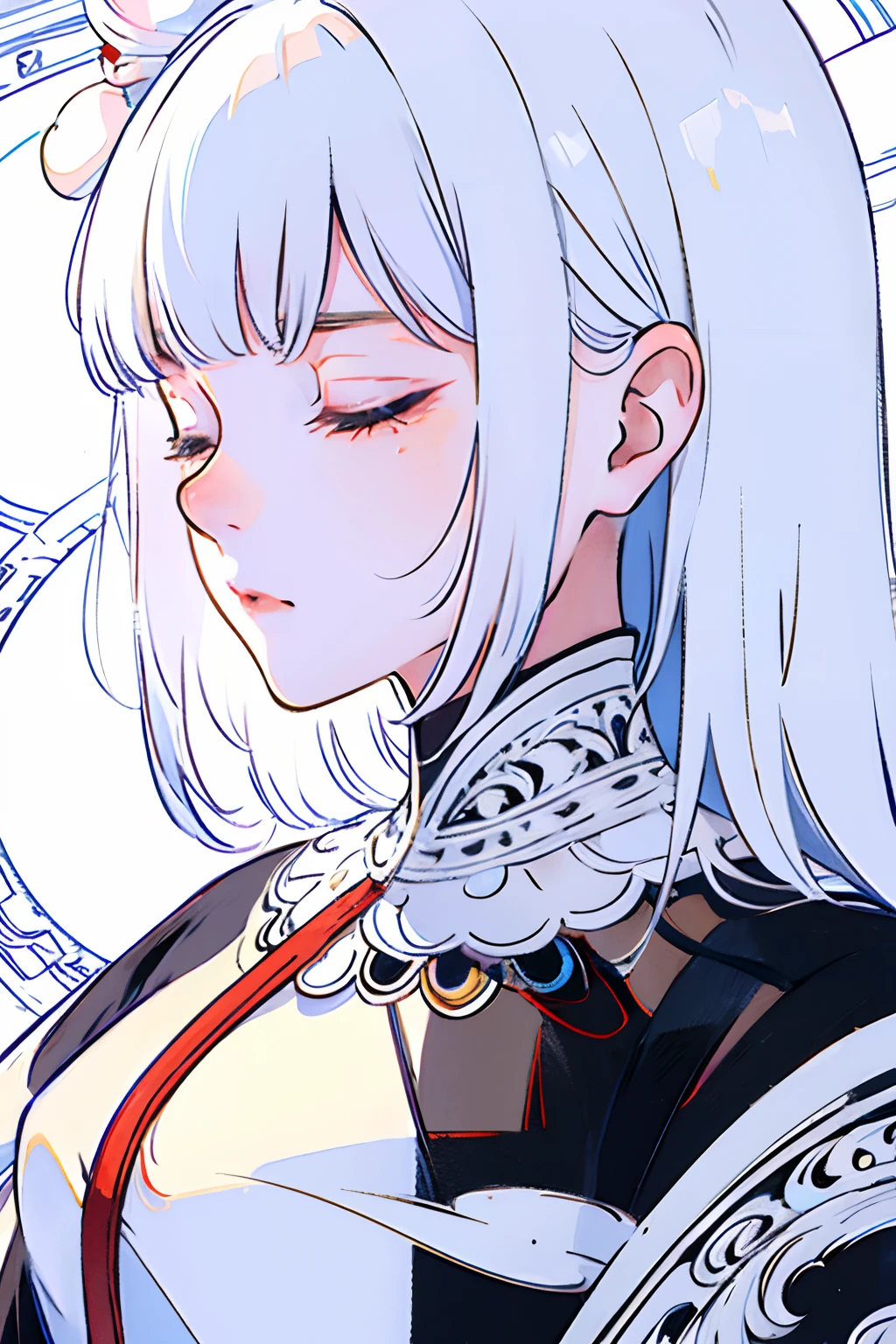 (8k, RAW photo, best quality, masterpiece:1.2), (extremely detailed CG, ultra-detailed, best shadow:1.1),1girl, solo, upper body, painting, drawing, paper texture, ultra high res, ((extremely detailed face)), flat color, limited palette, low contrast, mature women, best lighting, sweater, sleeping, sleeping beauty, closing eyes, black eyeliner,a girl falling in the air, clouds, blowing hair, closed mouth, white hair, white:1.6, (zentangle, mandala, tangle, entangle:1),