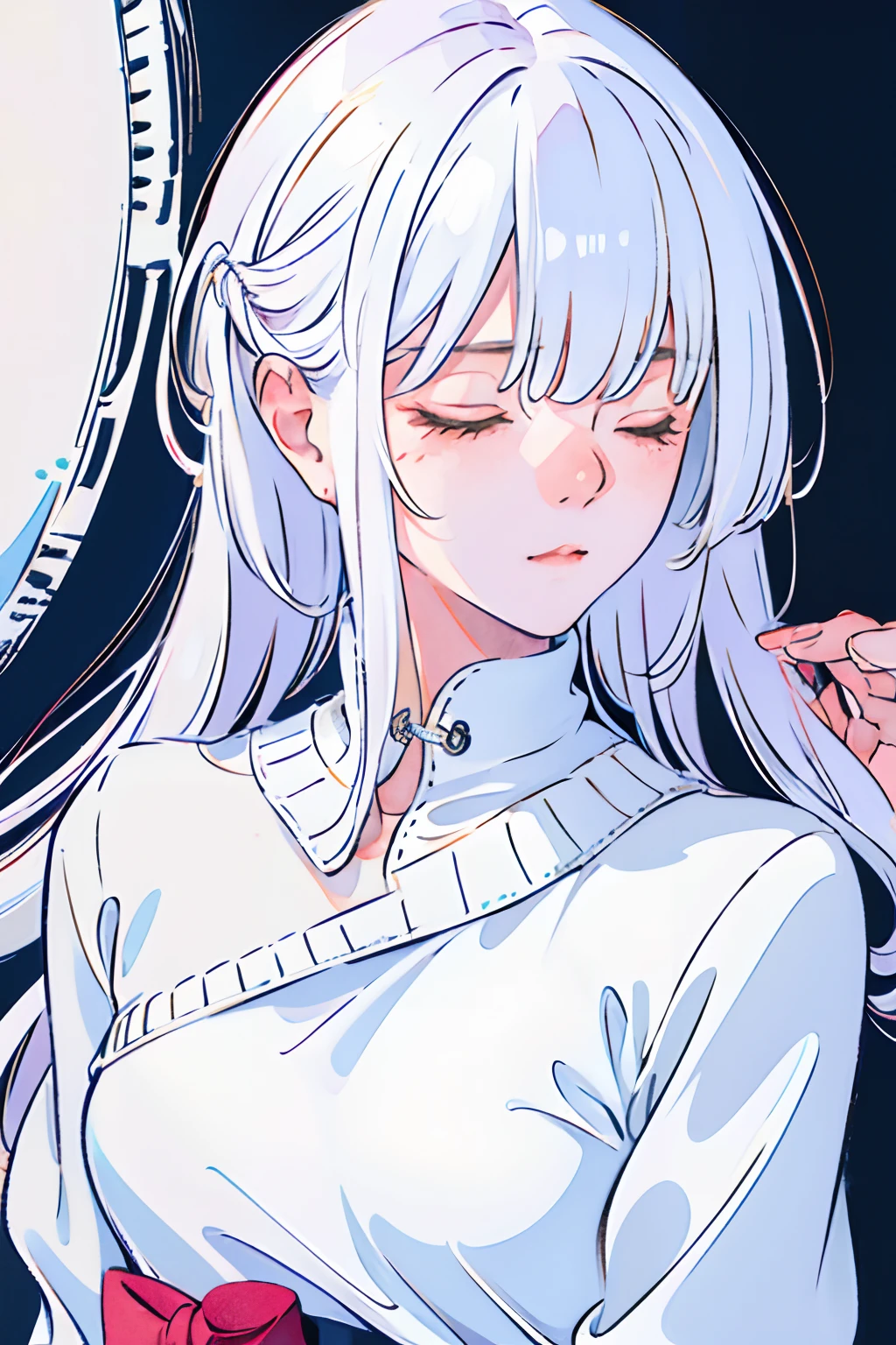 (8k, RAW photo, best quality, masterpiece:1.2), (extremely detailed CG, ultra-detailed, best shadow:1.1),1girl, solo, upper body, painting, drawing, paper texture, ultra high res, ((extremely detailed face)), flat color, limited palette, low contrast, mature women, best lighting, sweater, sleeping, sleeping beauty, closing eyes, black eyeliner,a girl falling in the air, clouds, blowing hair, closed mouth, white hair, white:1.6, (zentangle, mandala, tangle, entangle:1),