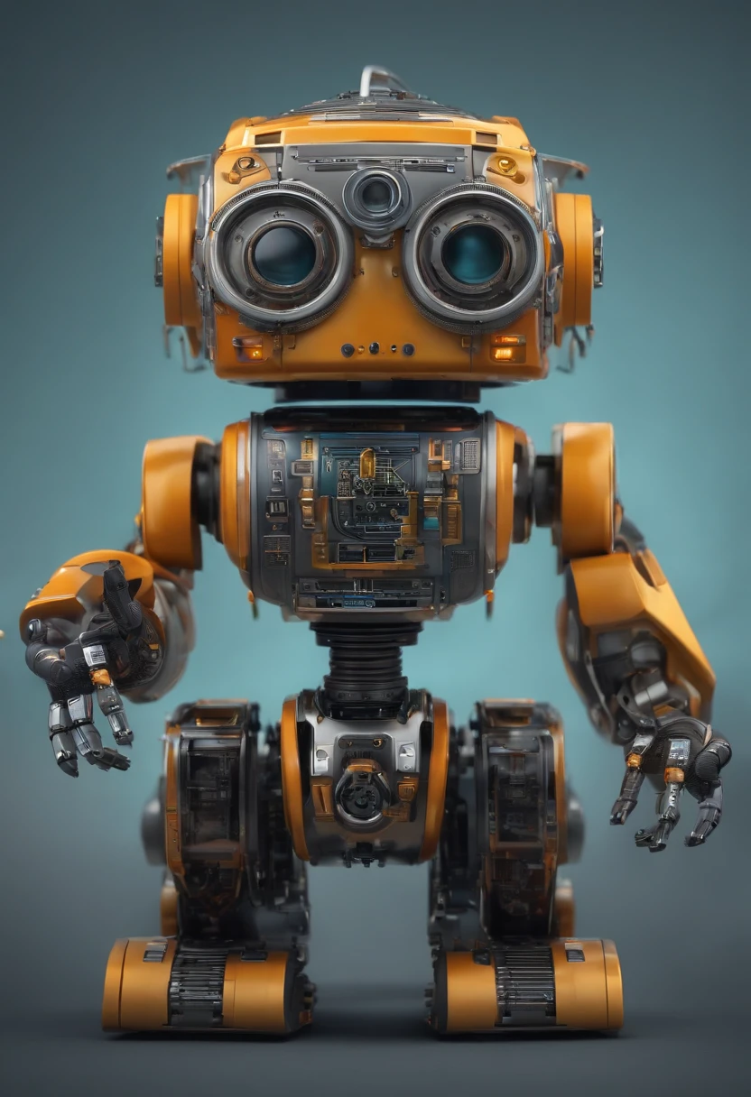 Create a nerdy robot, between 30 and 50 years old, with a captivating smile and that generates emotion in people when they see it, to be used in a technology music brand.