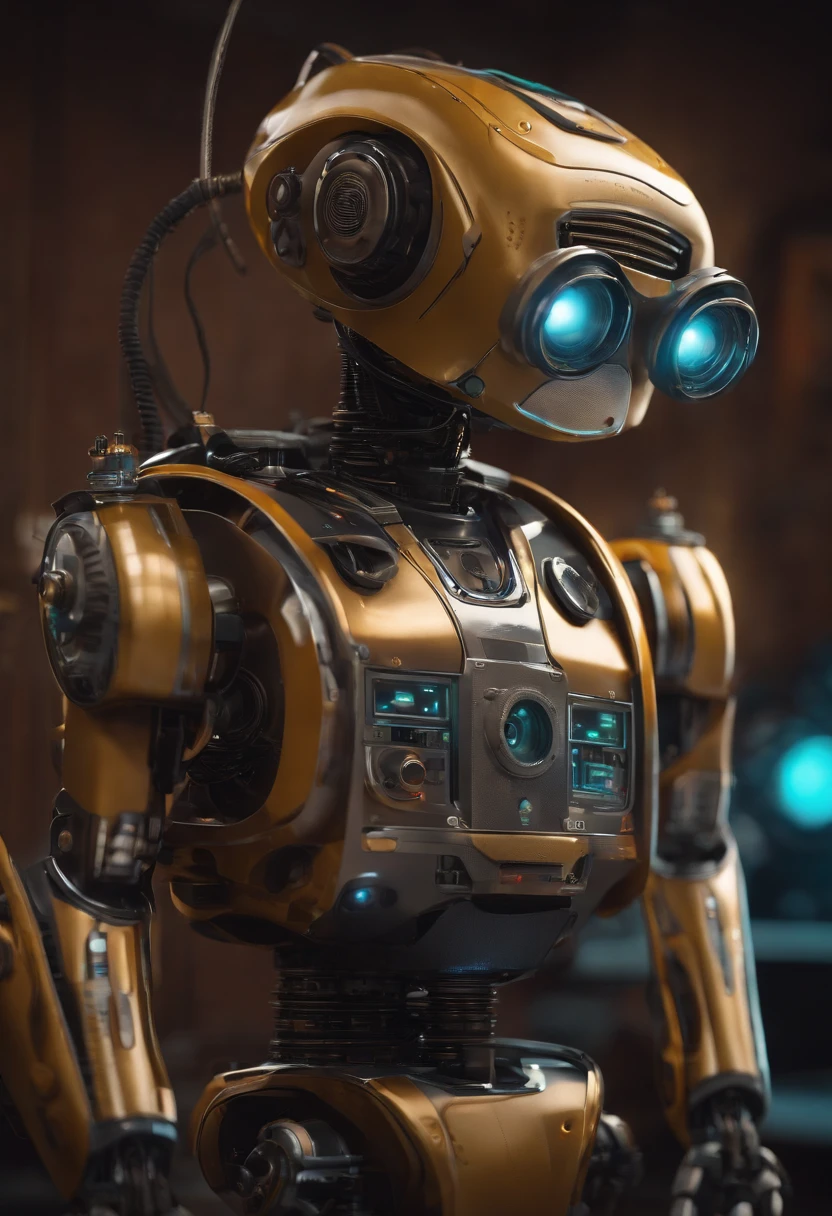 Create a nerdy robot, between 30 and 50 years old, with a captivating smile and that generates emotion in people when they see it, to be used in a technology music brand.