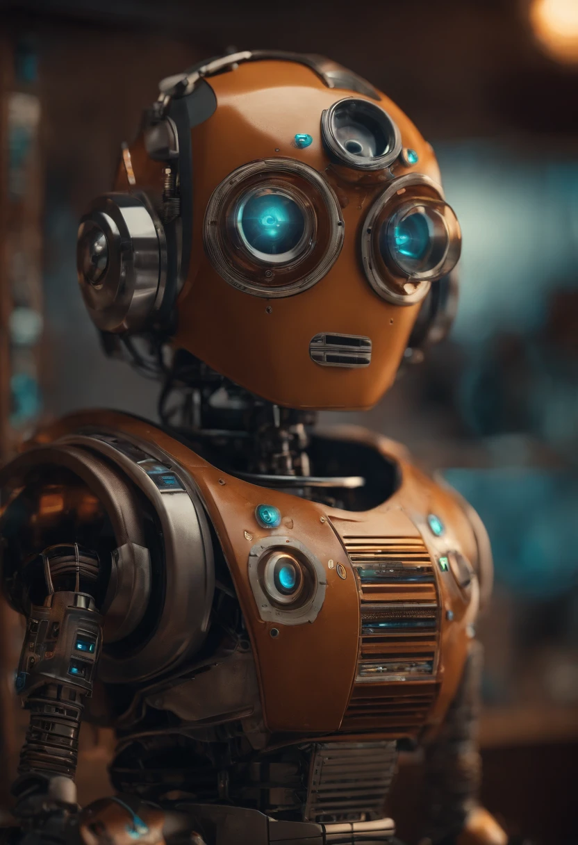 Create a nerdy robot, between 30 and 50 years old, with a captivating smile and that generates emotion in people when they see it, to be used in a technology music brand.