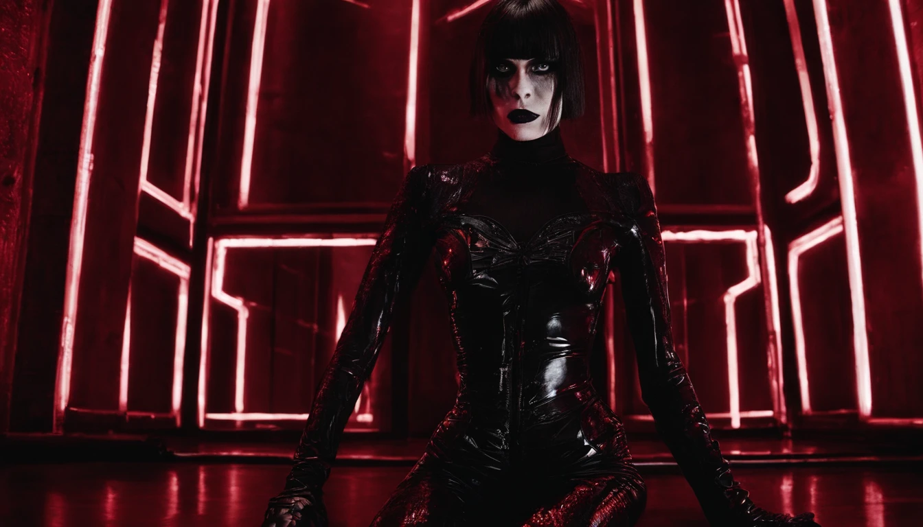 Beautiful woman dressed in latex leotard posing for a photo in red room, red neon lights, darksynth aesthetic, gothic fashion, goth girl, goth aesthetic, goth make-up, ultra detailed.