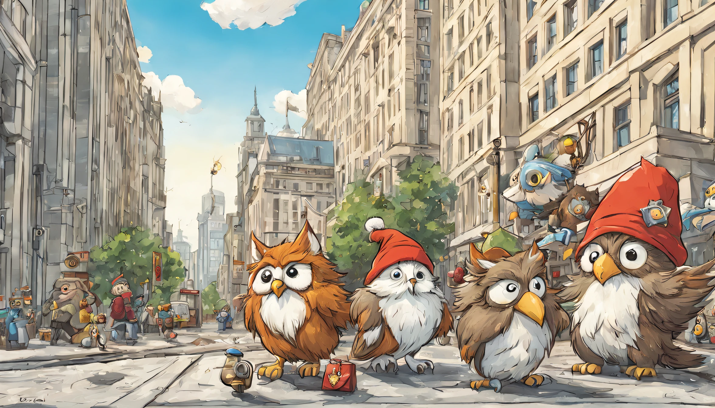 Wolf gives a tour for the Owls, Gnome-sized characters, Take a stroll through the city streets near the Central Bank, Cartoonishness, Masterpiece quality, Grain