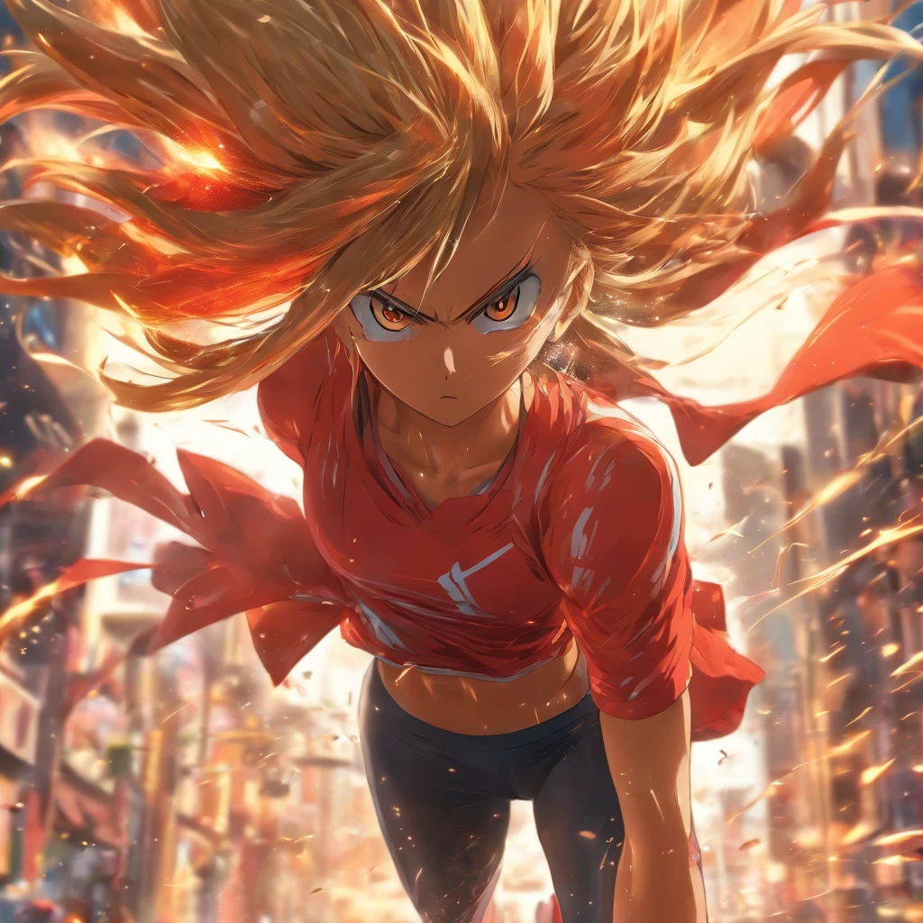masutepiece, sophisticated details, Best Quality, 4K, 超A high resolution, High resolution, Ultra HD, runner, Female, jogger, walker, Morning jogging, Red Running Shoes, singlet, leggins, hair blowing in wind, Sweating