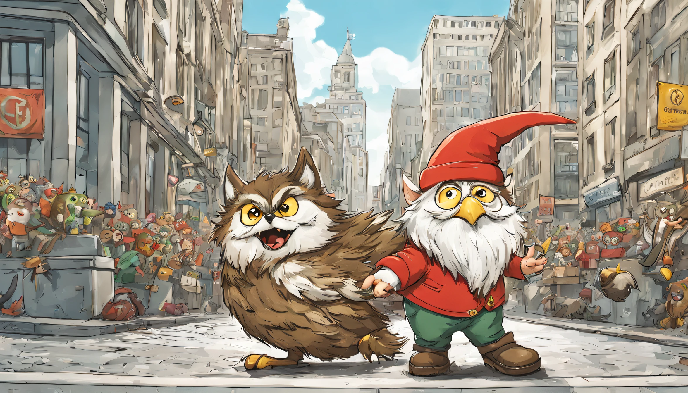 Wolf gives a tour for the Owls, Gnome-sized characters, Take a stroll through the city streets near the Central Bank, Cartoonishness, Masterpiece quality, Grain