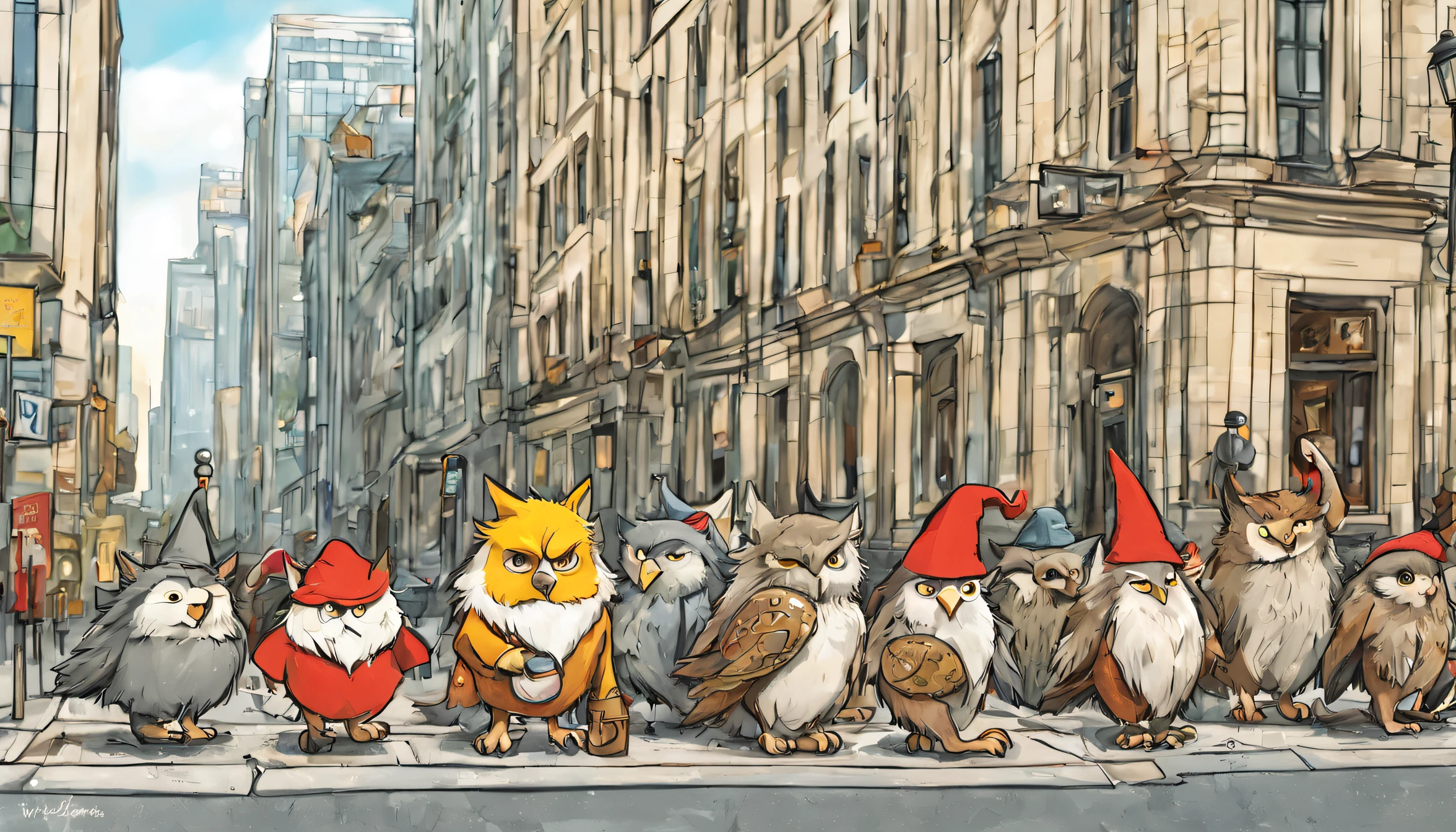 Wolf gives a tour for the Owls, Gnome-sized characters, Take a stroll through the city streets near the Central Bank, Cartoonishness, Masterpiece quality, Grain