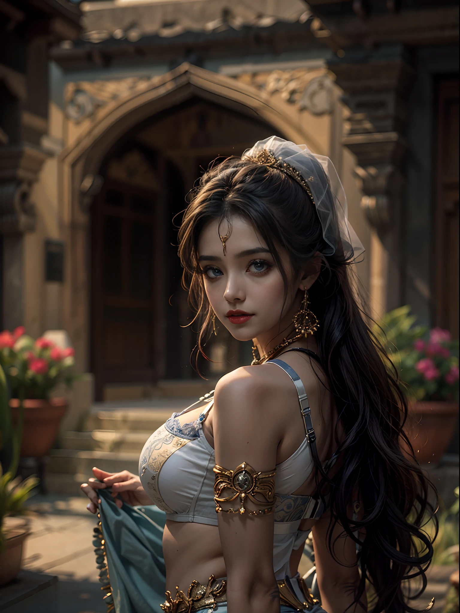 walking in a moonlit courtyard, exotic girl, indian, looking at the viewer, shining skin, perfect lighting, the embodiment of grace and elegance, (saree and bra), (Huge Big Tits:0.5), cleavage, clear curvy details, beautiful curves, detailed eyes, detailed pupil, volumetric lighting, Ultra Detailed, unity 8k wallpaper, ultra detailed, aesthetic, masterpiece, best quality, photorealistic
