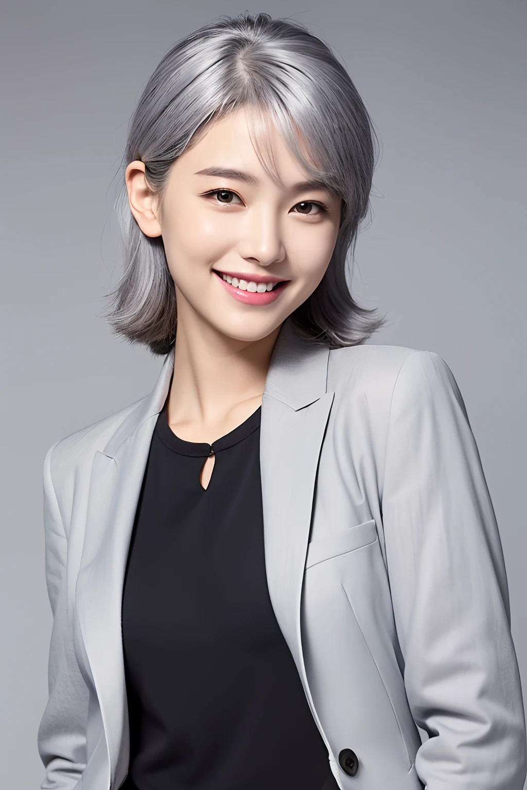 (extra detailed body、extra detailed face、best qualtiy:1.2)、femele、looking at the viewers、(Gray hair color、a smile、Fashionable、a smile