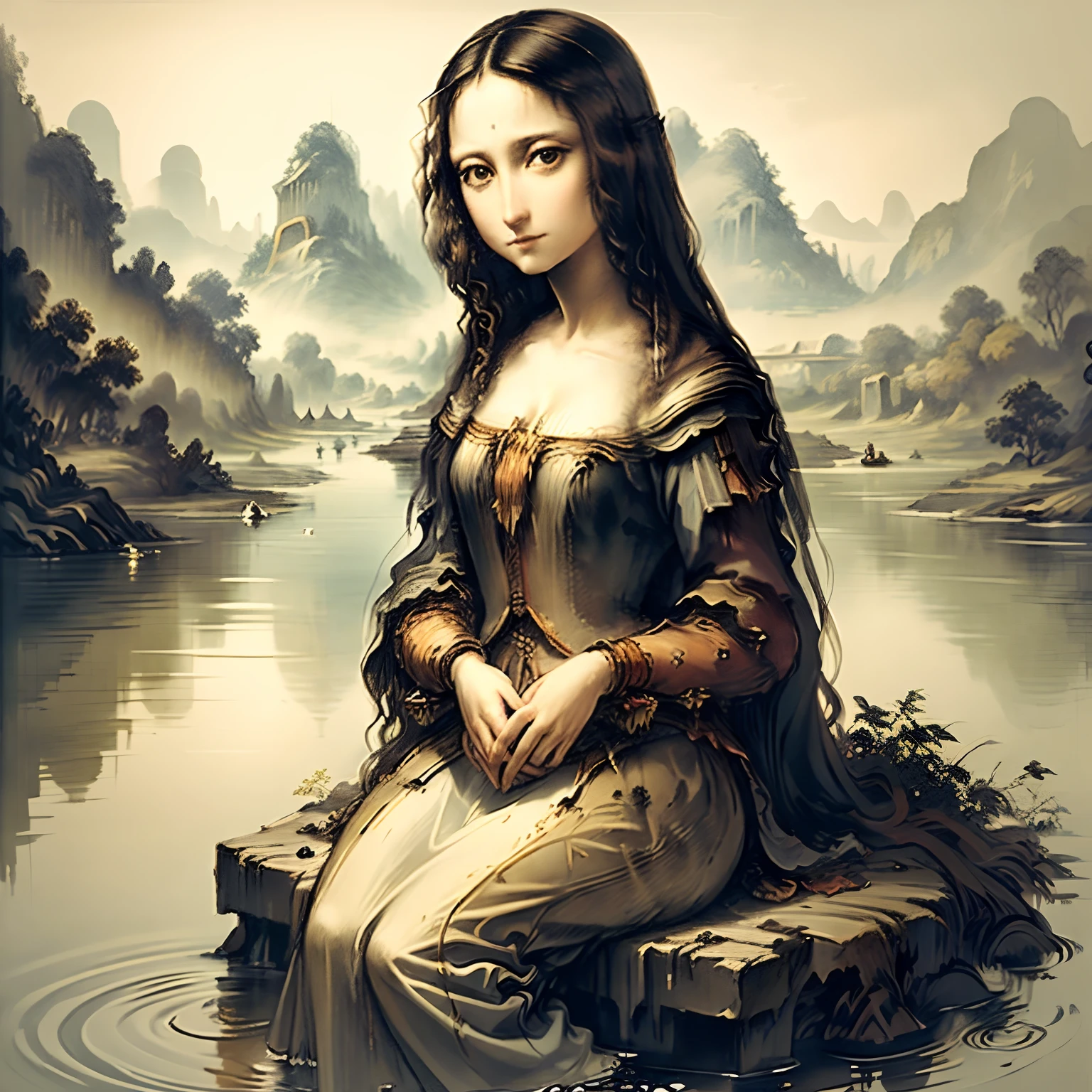 A dark-haired, Sitting in the same position as the Mona Lisa, Water is gone, monochromes