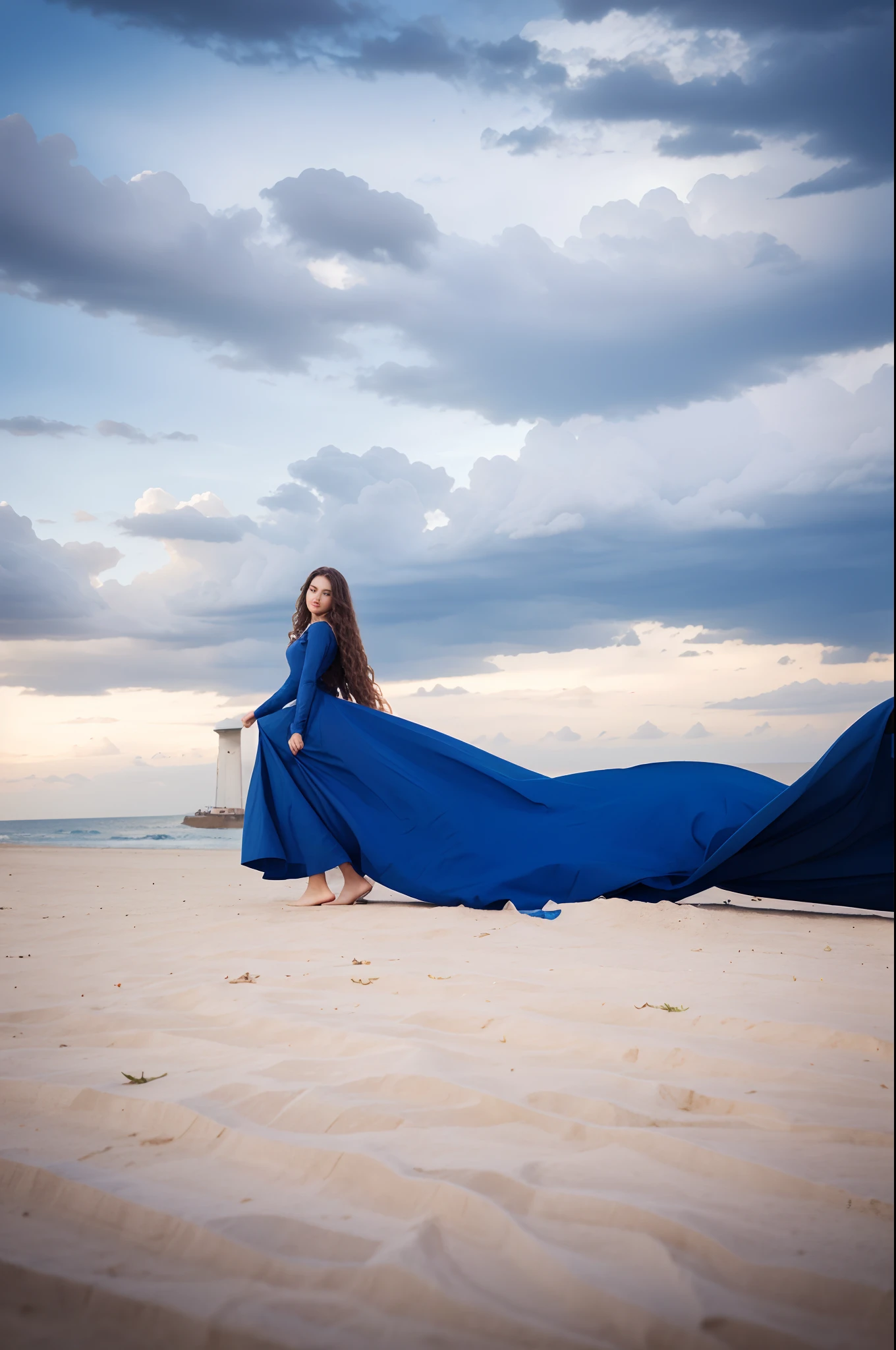 beautiful slim girl, hairlong, curly hair, Hair develops in the wind, Beautiful dress, Ironed dress, Superior Dress Wrinkle-free dress. Elegant dress, foto realista, Photo Enhancement, Traced hands, Detailed hands, 4K quality