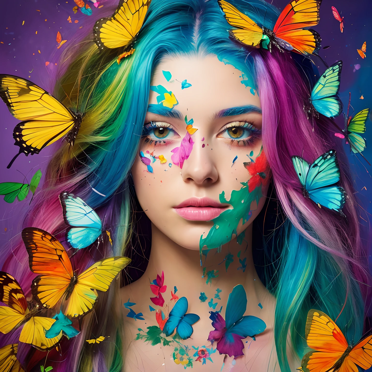 (best quality,photorealistic:1.37),colorful hair with butterflies,portrait painting made with paint,surreal beautiful young woman,psychedelic colorization,portrait painting made with paint,abstract portrait painting,philosophical color splashes,beautiful surreal portrait painting,face submerged in colorful oil,dirty woman with rainbow hair,expressive beautiful painting,glitched young woman,expressive woman's face
