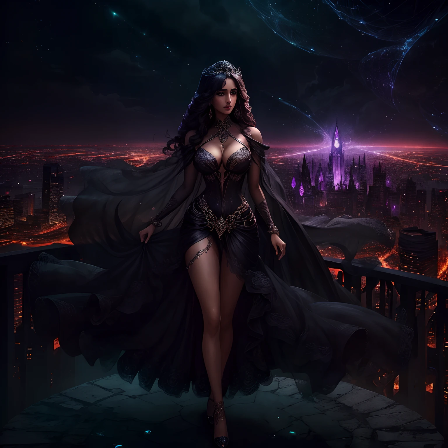 Picture Disha Patani as a captivating dark witch, her beauty ethereal and her attire designed to allure. She stands atop a towering city skyscraper, overlooking the urban landscape below. Disha's body radiates perfection, akin to a Miss Universe, and her clothing is an alluring designer ensemble that accentuates her allure. With a mysterious black spell, she casts a captivating and hypnotic aura, ensnaring her surroundings in a web of enchantment. The city below falls under her spell, and its residents are mesmerized by her dark magic. Create an image that conveys the allure and enchanting power of this dark witch, set against the backdrop of a modern city