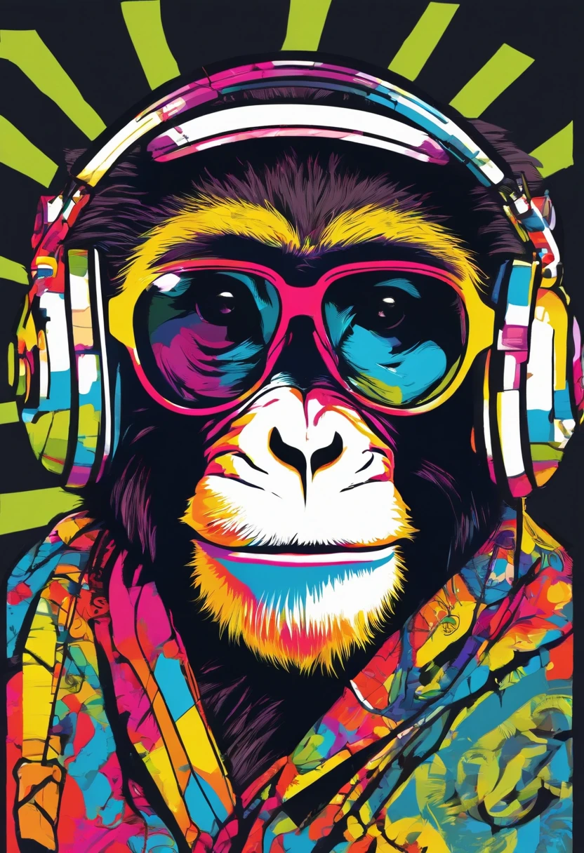 Monkey wearing headphone, sunglasses,black and white