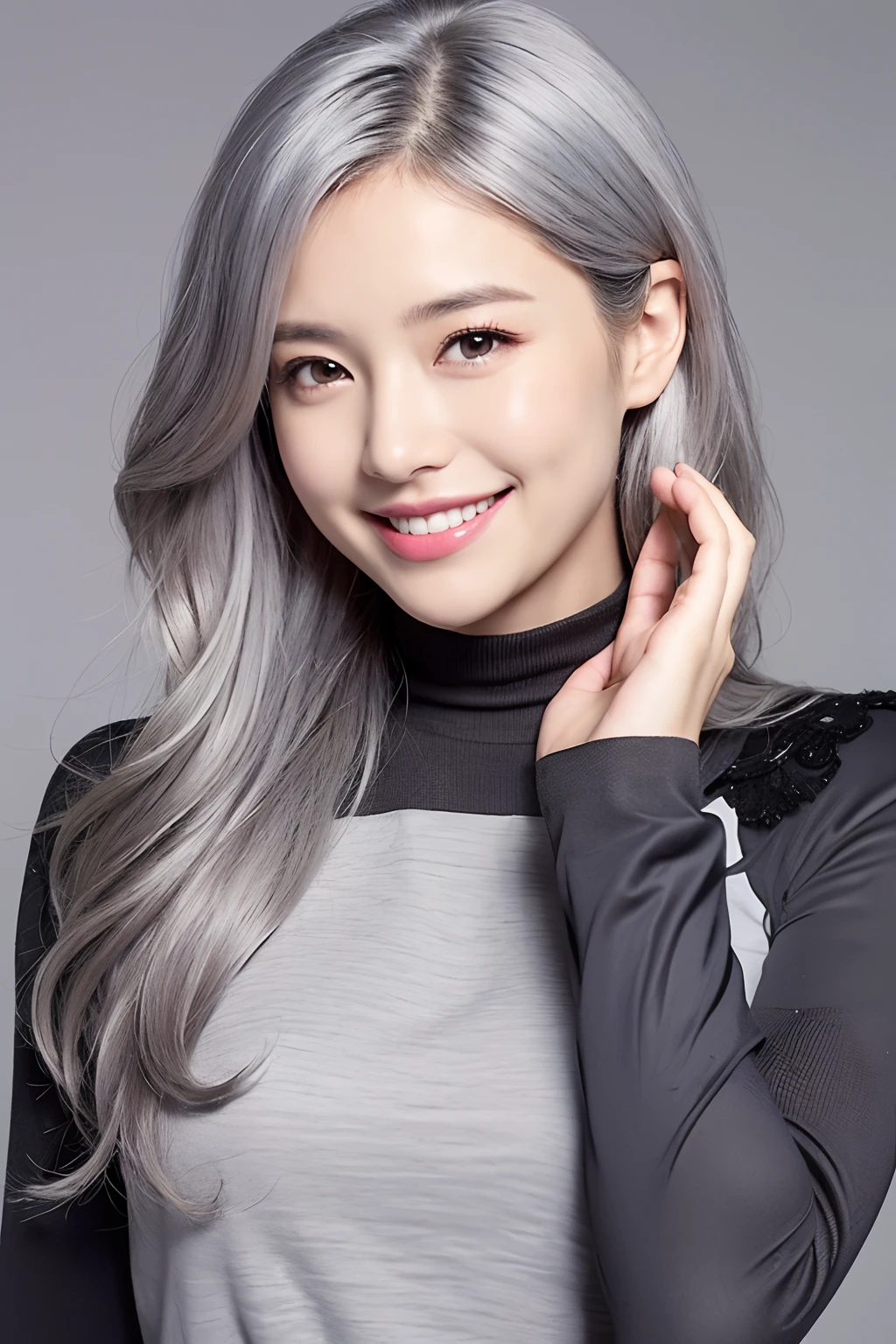 (extra detailed body、extra detailed face、best qualtiy:1.2)、femele、looking at the viewers、(Gray hair color、a smile、Fashionable、a smile