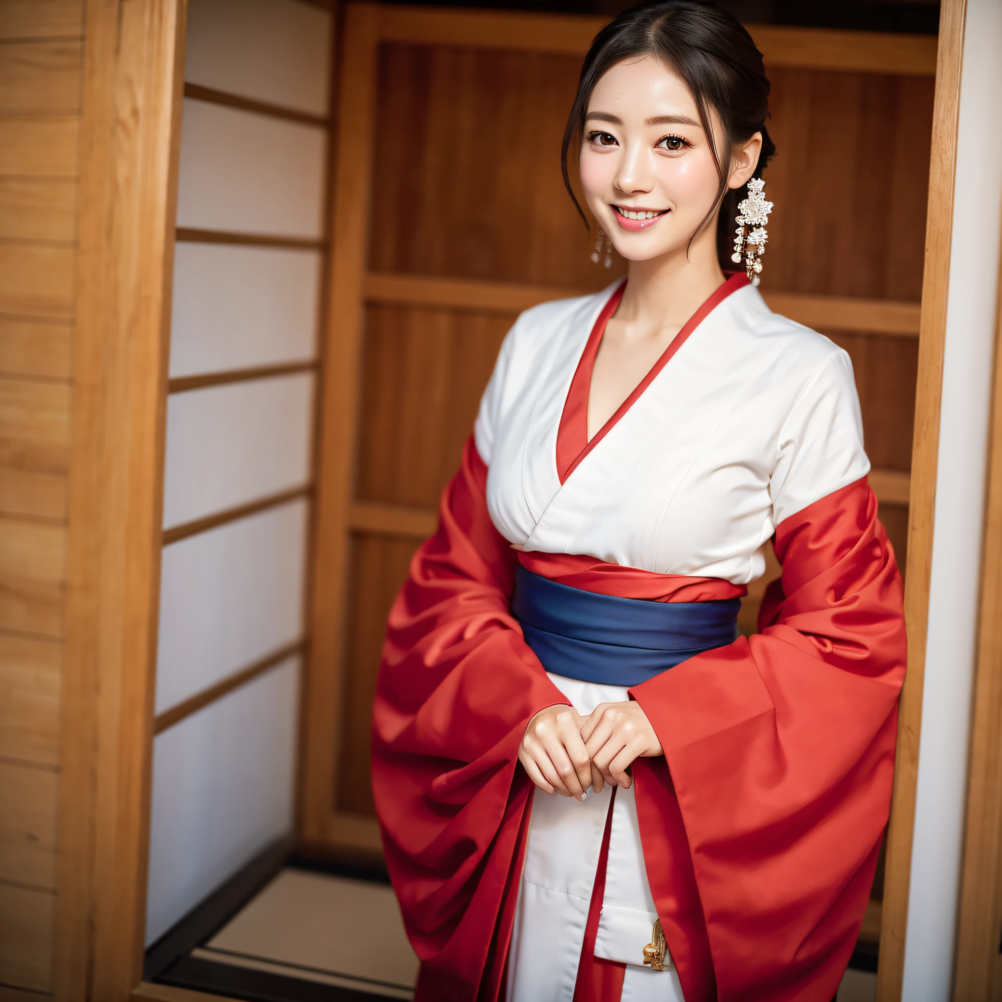 Neat and clean maiko、((best qualtiy、8k masterpieces:1.3))、foco nítido:1.2、(ultra beautiful faces:1.0)、(shinny skin:1.0)、photos realistic、A dark-haired、Video Lighting、High-definition eyes and face、Japanese ido、from the front side、medium breasts、Smile、Slender Abs Beauty、Whole body、Wearing a red maiko、In Gion