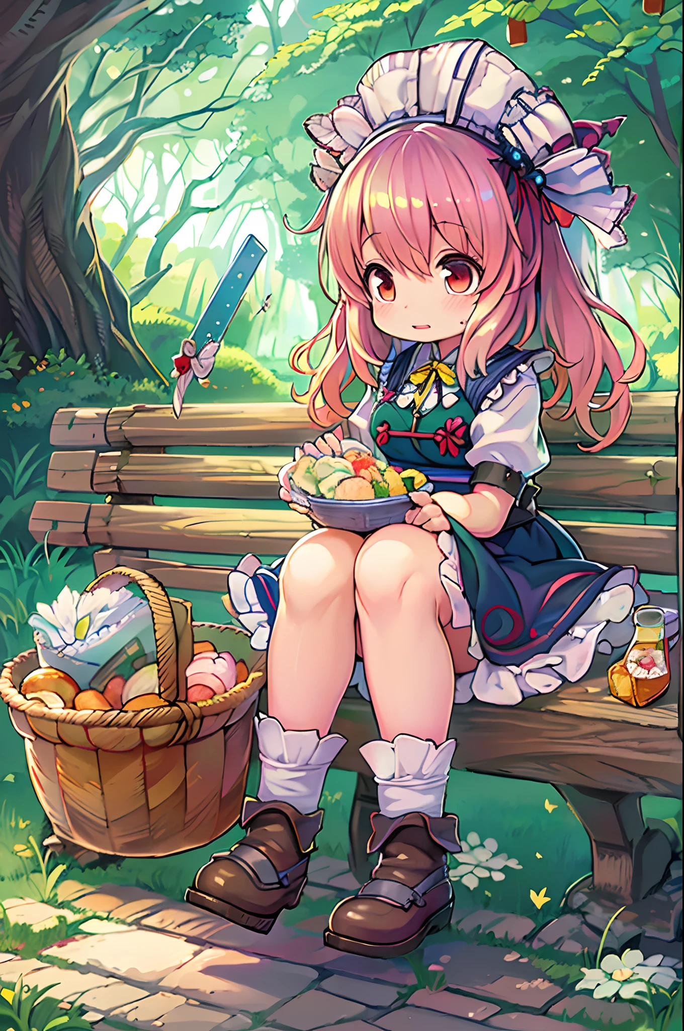Anime girl sitting on a bench with a basket of food, splash art anime , touhou character, from touhou, kinomoto sakura, Lust, small lolil, official artwork, Official art, a maid in a magical forest, Touhou Project, Lori, small curvy loli, Shii, Ayaka Genshin Impact