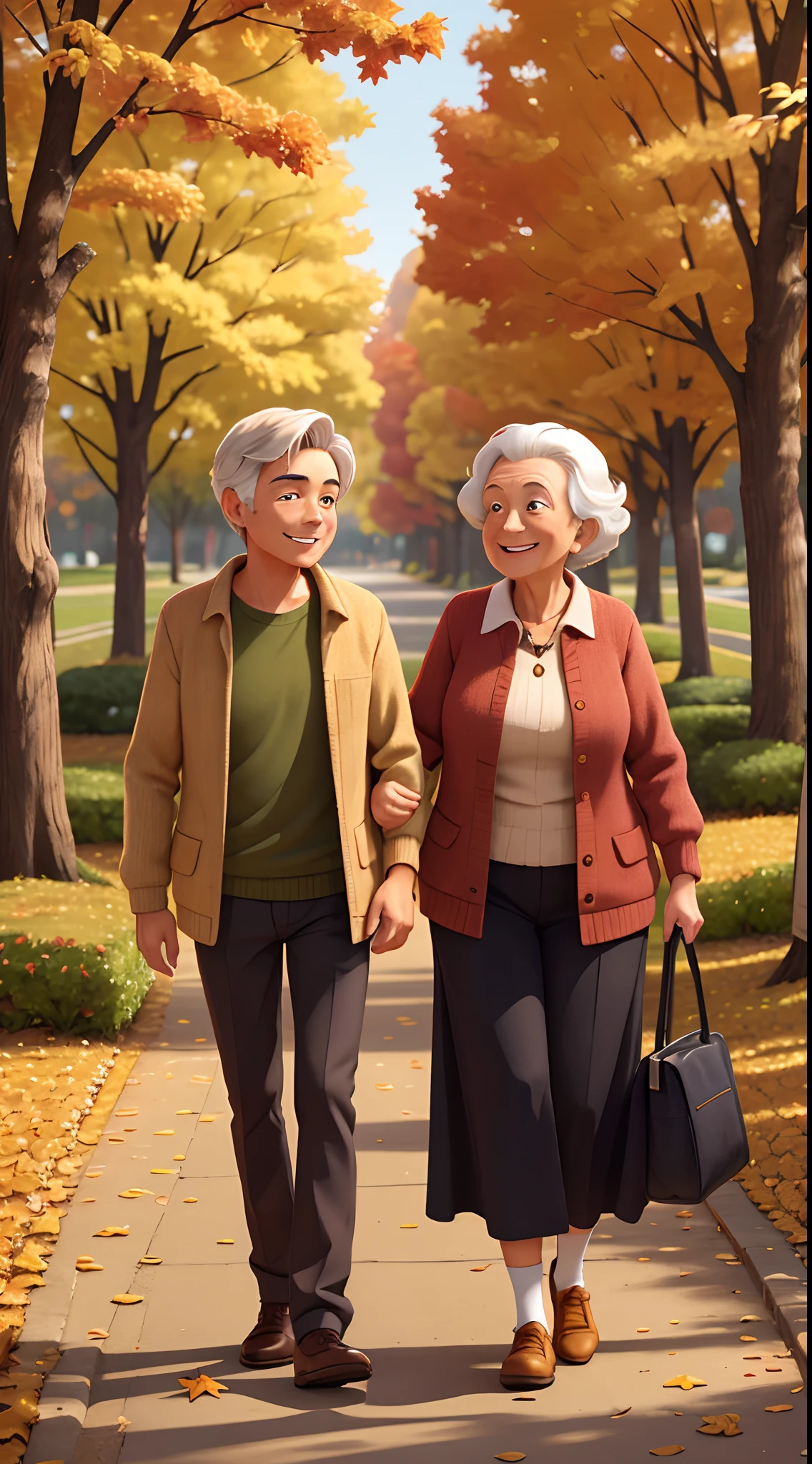 Autumn The leaves are golden and a young man pushes the old woman out for a walk, smiling