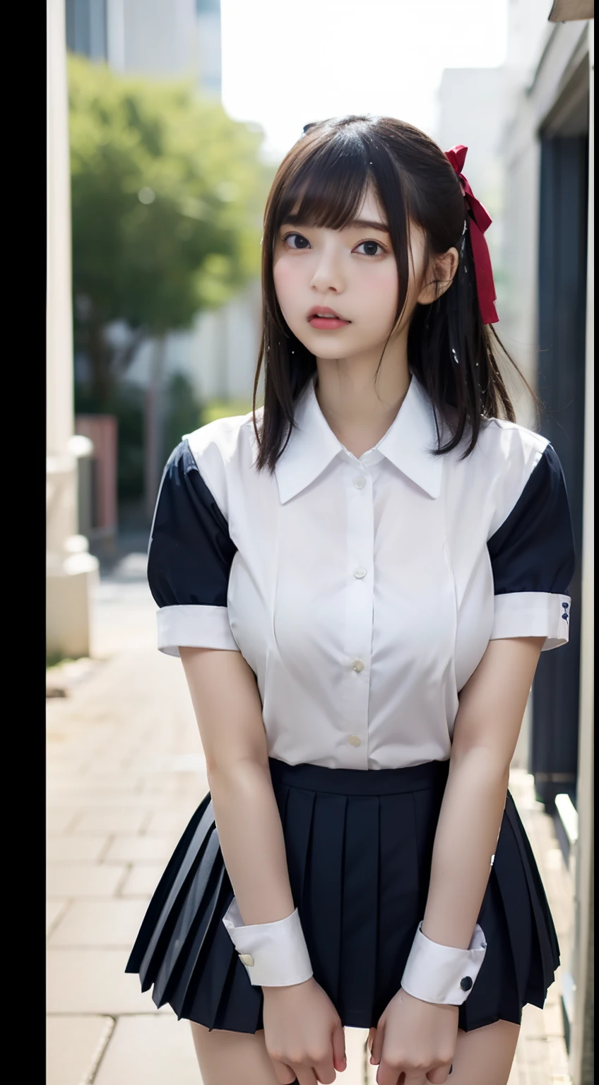 (8k、RAW Photography、top-quality、masterpiece:1.3)、(realisitic、photoRealstic:1.37)、(natta)、(Viewer's Perspective:1.331)、(white hair)、the pose、Tokyo Street、nighttime scene、cyberpunkcity、Soft light、女の子1人、Extreme beauty face、bust、put down hands、Hairstyle Random、Facial expression random、big eye、lower abdom、(Short sleeve JK_The shirt)、JK_styles、(Navy JK_skirt by the)、mix4