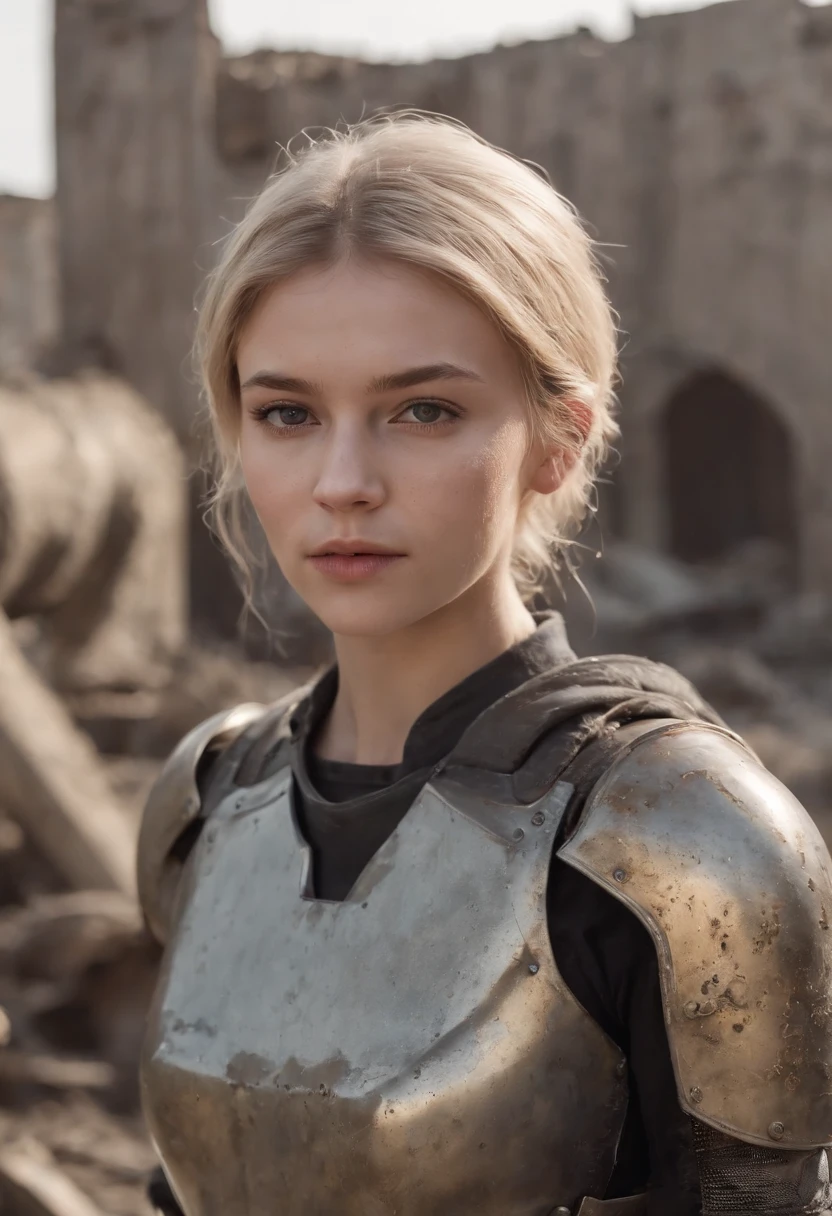 Russian girl ,Blonde Dirty Short Hair, dusty face, Dressed in the armor of the future, Against the backdrop of a desolate post-apocalypse, Ruined Moscow, Ruins of the Kremlin, AR-16 rifle in hand, the wind, dust, Destroyed buildings, Skeletons of burnt cars, Oppressive atmosphere, Dirty skies, photo realism, Sharp focus, Human bones and skulls are scattered everywhere, garbage heaps,Wreckage of buildings,Fallout,Photo 3/4, Realistic Facial Skin, Dust on clothes,Oppressive atmosphere,