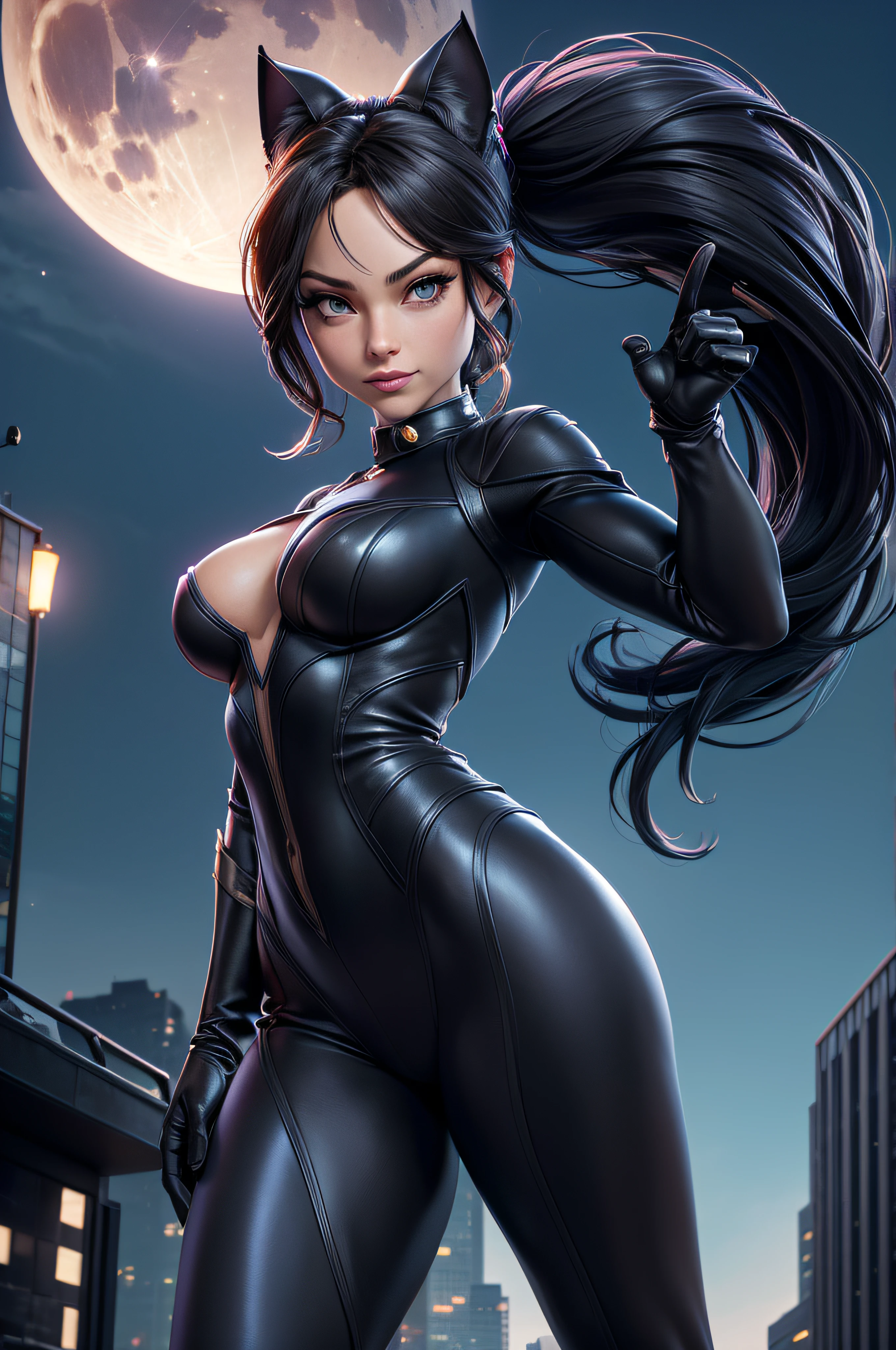 (tmasterpiece、4k resolution、A hyper-realistic、highly detailed)、(Black Superhero Theme、Charisme、Il y a Kristin Kreuk dans un costume de Catwoman au-dessus de la ville、she's a superhero), (Longs cheveux with ponytail:1.2)、plein corps、(yeux verts:1.2)、((Pose de Catwoman)、show of strength、jumping from one building to another)、((Environnement urbain sablonneux):0.8), (Un paysage urbain、Nuit、dynamic light)、(Pleine Lune)], ultra high def、Very real、Describes highly detailed 4K paintings。A superheroine in Catwoman's costume is depicted at the top of the city。The theme of the photo is a black superhero theme。(((Posterior view))), Prise de vue sur objectif grand angle, neons, (((Shooting from below))),