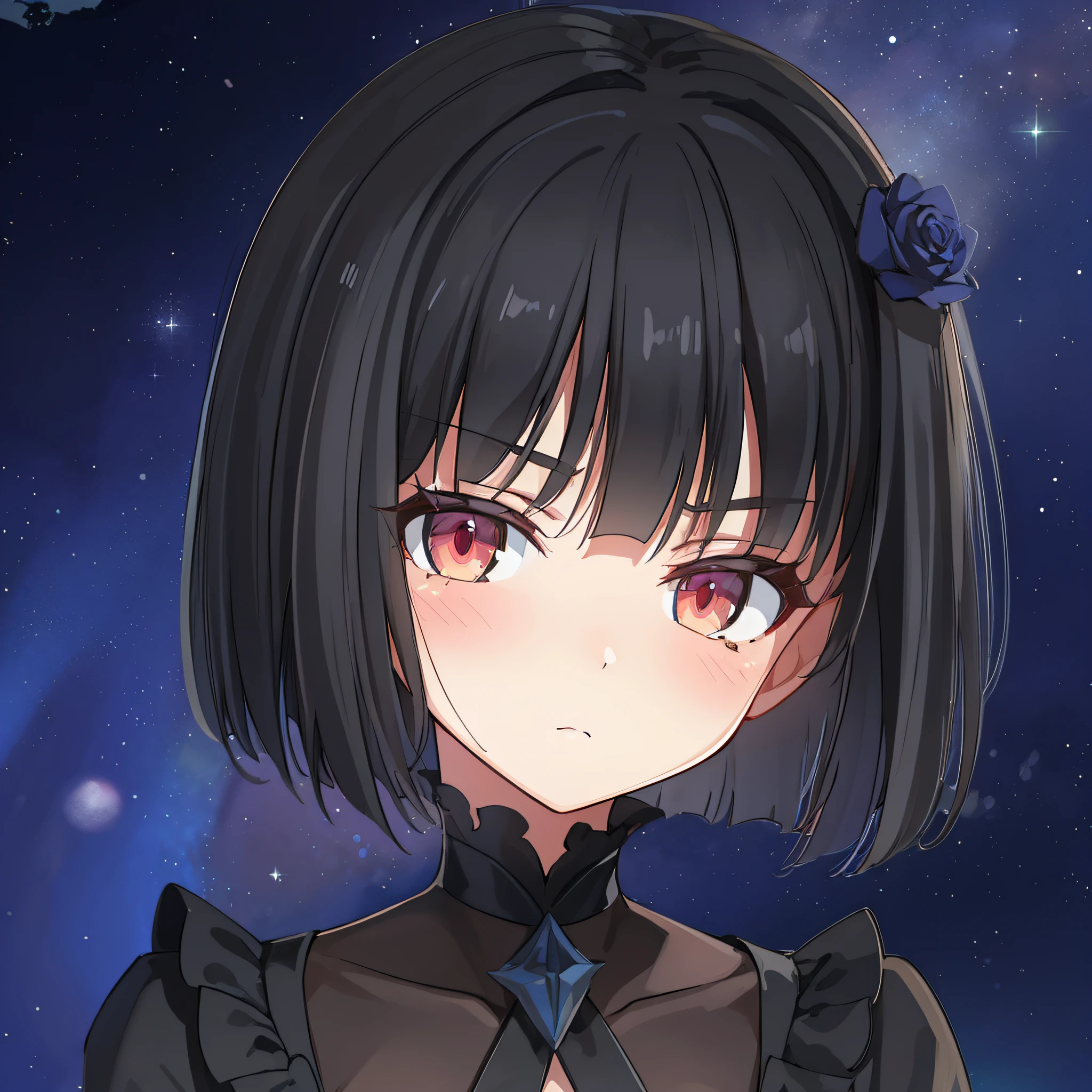 hiquality, tmasterpiece (one girls) indifferent face. cold gaze. darkest. purple rose on hair. red-eyes. Dark gothic outfit. Against the backdrop of the universe