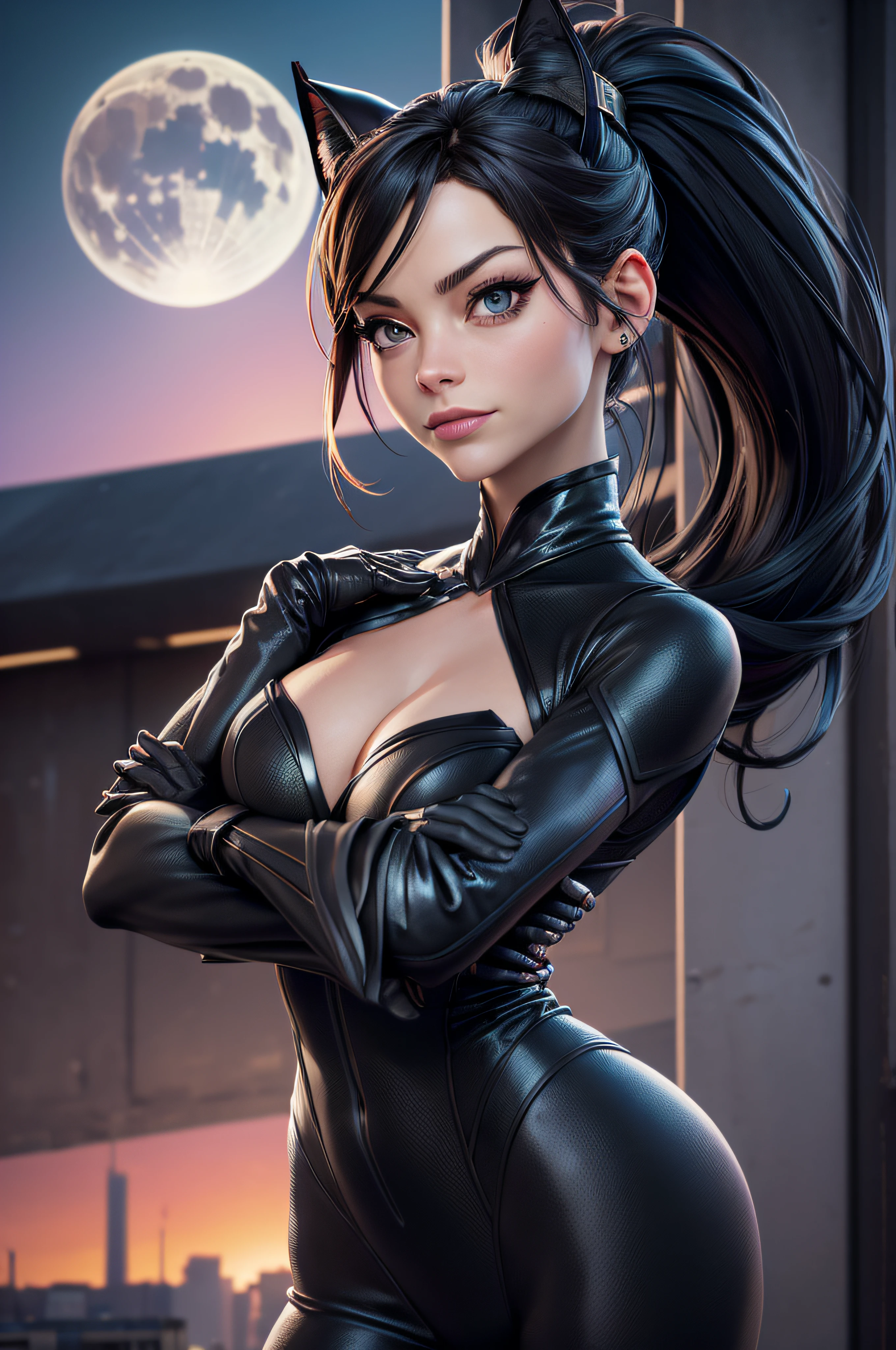 (tmasterpiece、4k resolution、A hyper-realistic、highly detailed)、(Black Superhero Theme、Charisme、Il y a Kristin Kreuk dans un costume de Catwoman au-dessus de la ville、she's a superhero), (Longs cheveux with ponytail:1.2)、plein corps、(yeux verts:1.2)、((Pose de Catwoman)、show of strength、jumping from one building to another)、((Environnement urbain sablonneux):0.8), (Un paysage urbain、Nuit、dynamic light)、(Pleine Lune)], ultra high def、Very real、Describes highly detailed 4K paintings。A superheroine in Catwoman's costume is depicted at the top of the city。The theme of the photo is a black superhero theme。(((Posterior view))), Prise de vue sur objectif grand angle, neons, (((Shooting from below))),