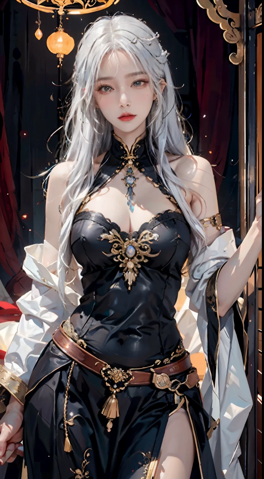 Photorealistic, High resolution, Soft light,1womanl, Solo, hips up high, glistning skin, (Detailed face), Jewelry, The tattoo, Qingdao Han style, White hair