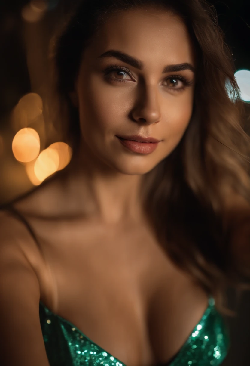 (selfie, top view: 1.4), (straight half of the body: 1.4), RAW UHD portrait photo of a 24-year-old brunette (brown-eyed woman) on a beach in bikini, large breasts,, city at night, (skirt), (neckline), details (textures! , hair! , glitter, color!! , disadvantages: 1.1), glossy eyes with high detail (looking at the camera), SLR lighting, SLR camera, ultra-quality, sharpness, depth of field, film grain (center), Fujifilm XT3, crystal clear, frame center, beautiful face, sharp focus, street lamp, neon lighting, bokeh (dimly lit), night, (night sky), detailed skin pores, oily skin, sunburn, complex eye details, full body, large breasts