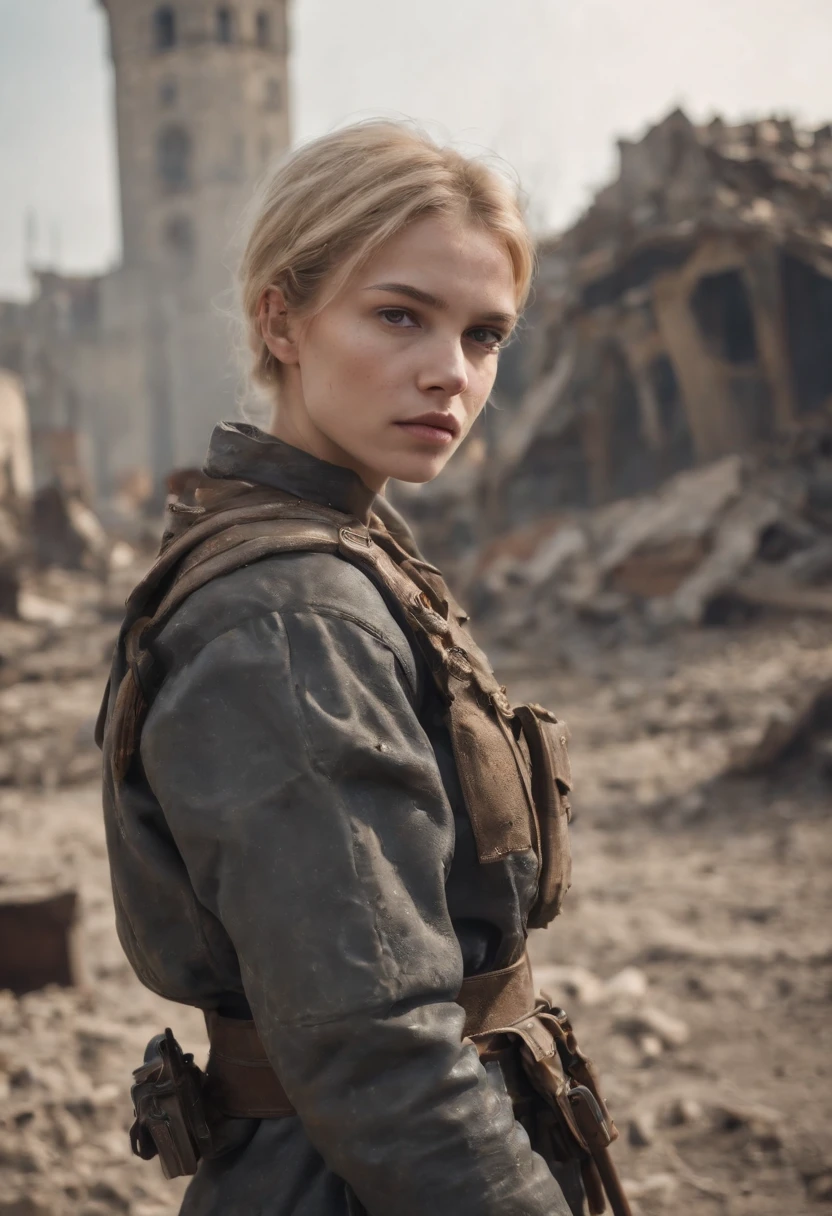 Russian girl 16 years old ,Blonde Dirty Short Hair, dusty face, Dressed in the armor of the future, Against the backdrop of a desolate post-apocalypse, Ruined Moscow, Ruins of the Kremlin, AR-16 rifle in hand, the wind, dust, Destroyed buildings, Skeletons of burnt cars, Oppressive atmosphere, Dirty skies, photo realism, Sharp focus, Human bones and skulls are scattered on the ground, garbage heaps, Wreckage of buildings,Fallout,Photo 3/4, Realistic Facial Skin, Dust on clothes, Oppressive atmosphere,View 3/4,