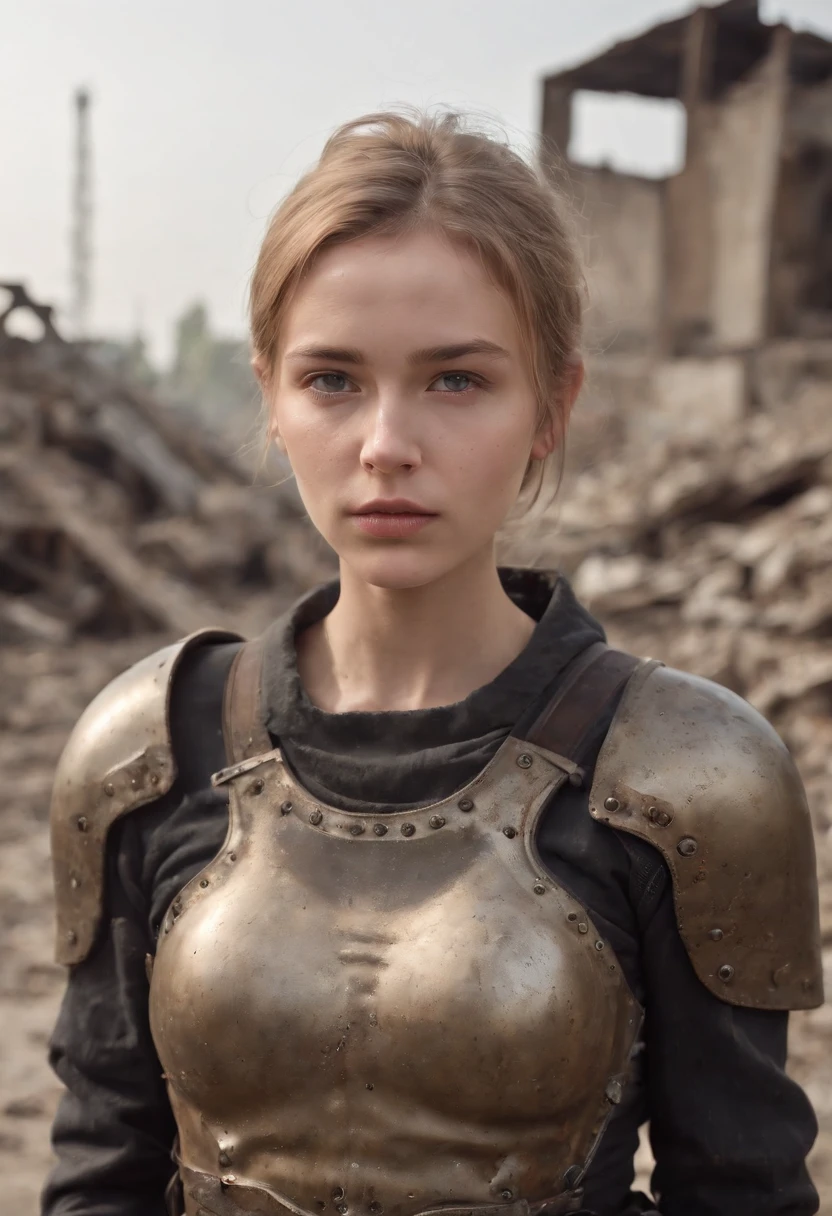 Russian girl ,Blonde Dirty Short Hair, dusty face, Dressed in the armor of the future, Against the backdrop of a desolate post-apocalypse, Ruined Moscow, Ruins of the Kremlin, AR-16 rifle in hand, the wind, dust, Destroyed buildings, Skeletons of burnt cars, Oppressive atmosphere, Dirty skies, photo realism, Sharp focus, Human bones and skulls are scattered everywhere, garbage heaps,Wreckage of buildings,Fallout,Photo 3/4, Realistic Facial Skin, Dust on clothes,Oppressive atmosphere,