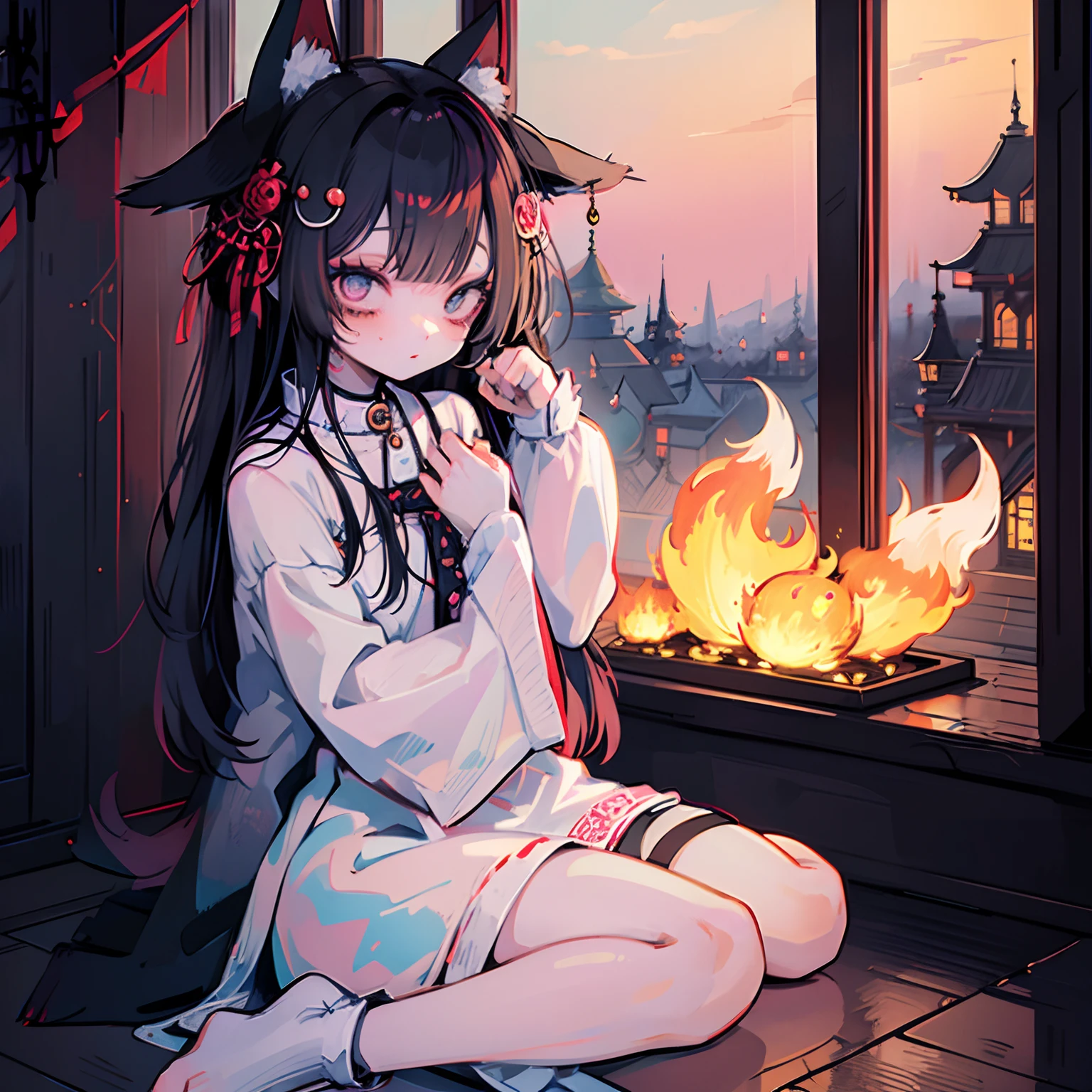 ​masterpiece、Priestess girl personified by a fox、Fox ears and tail and paws、Bewitching atmosphere、shrines、psychedelic、