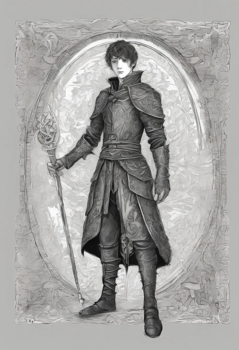 Taupe Brown theme, A boy , Medieval European aristocracy, Short wavy black hair parted in the middle, Full body, Leather Breast Plate, Sorcerer's robe, Leather shoes, White wall background, Equipped with a two-meter thick wooden cane in his right hand, artistic drawing