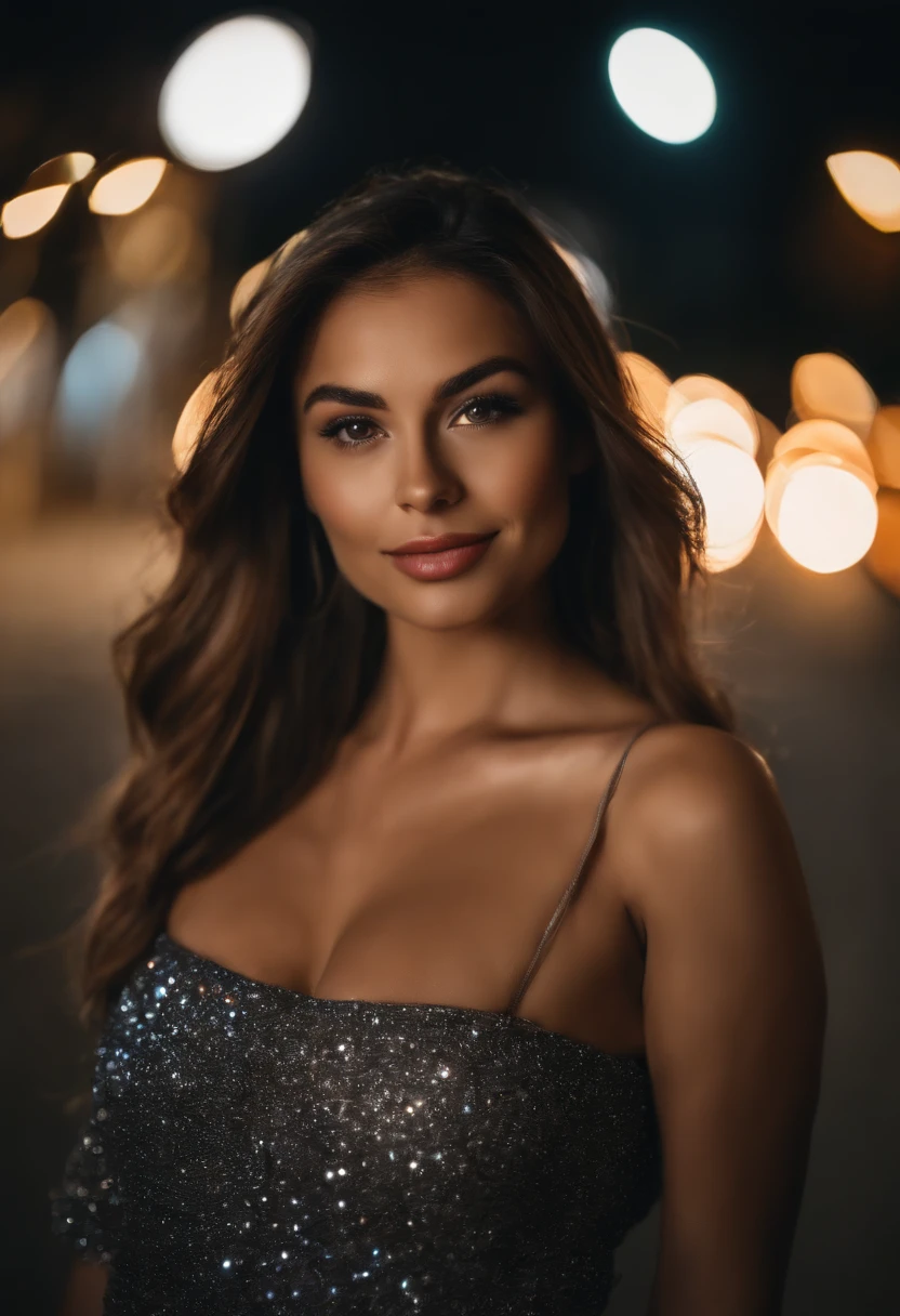 (selfie, top view: 1.4), (straight half of the body: 1.4), RAW UHD portrait photo of a 24-year-old brunette (brown-eyed woman) on a beach in bikini, large breasts,, city at night, (skirt), (neckline), details (textures! , hair! , glitter, color!! , disadvantages: 1.1), glossy eyes with high detail (looking at the camera), SLR lighting, SLR camera, ultra-quality, sharpness, depth of field, film grain (center), Fujifilm XT3, crystal clear, frame center, beautiful face, sharp focus, street lamp, neon lighting, bokeh (dimly lit), night, (night sky), detailed skin pores, oily skin, sunburn, complex eye details, full body, large breasts