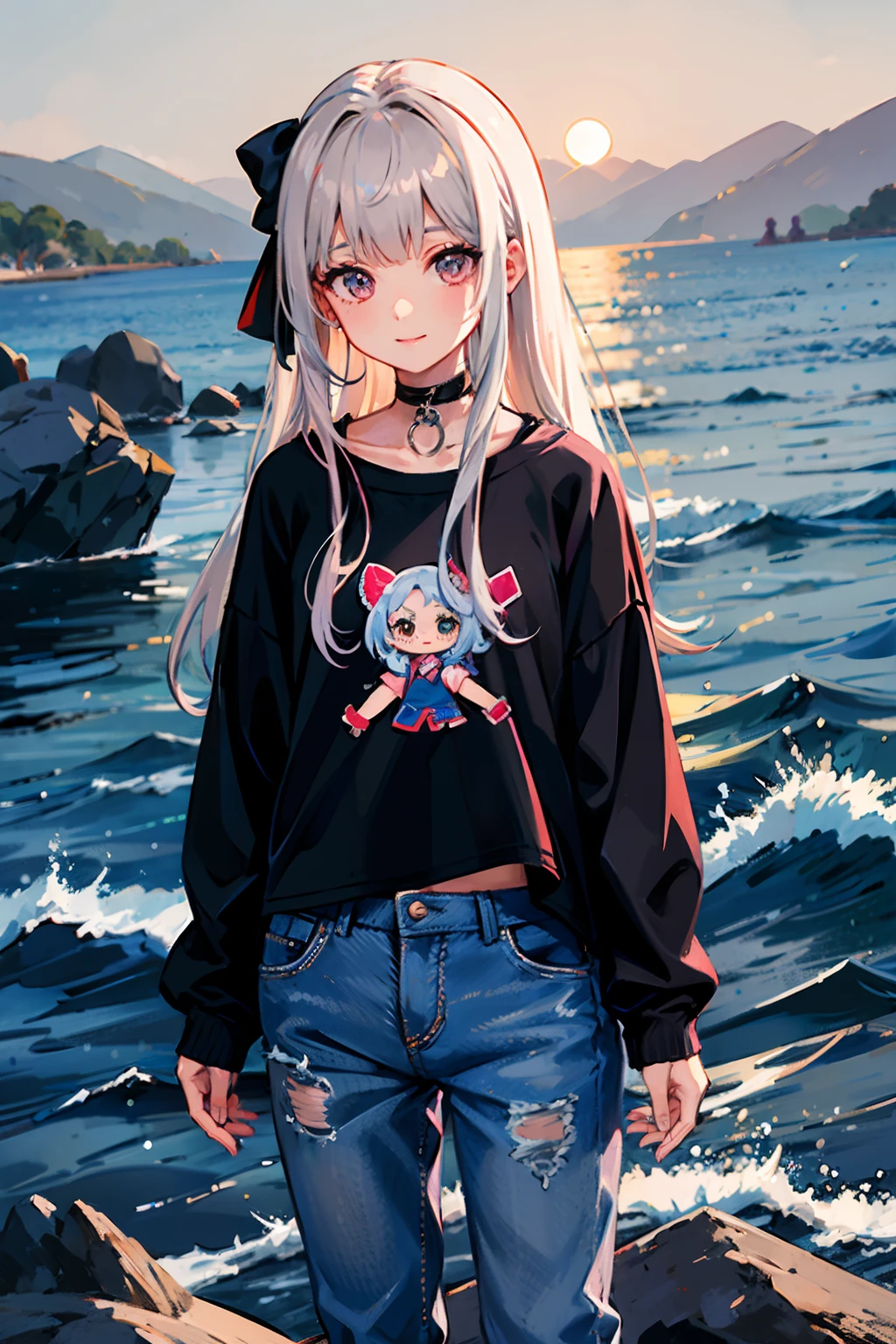 Garota jovem bonita, muito bonita, illuminated scenery, cabelos lisos, franja na altura dos olhos, olhos roxo, sorriso bonito, jovem de 18 anos, garota bonita, sunset scenery, peitos grandes, corpo definido, bonita, cabelo cor castanho, castanho claro, pele parda, cabelo solto, mid hair, cabelo voando ao vento, linos eyes, Character wearing sweatshirt and pants, wearing pink sweater, white hair
