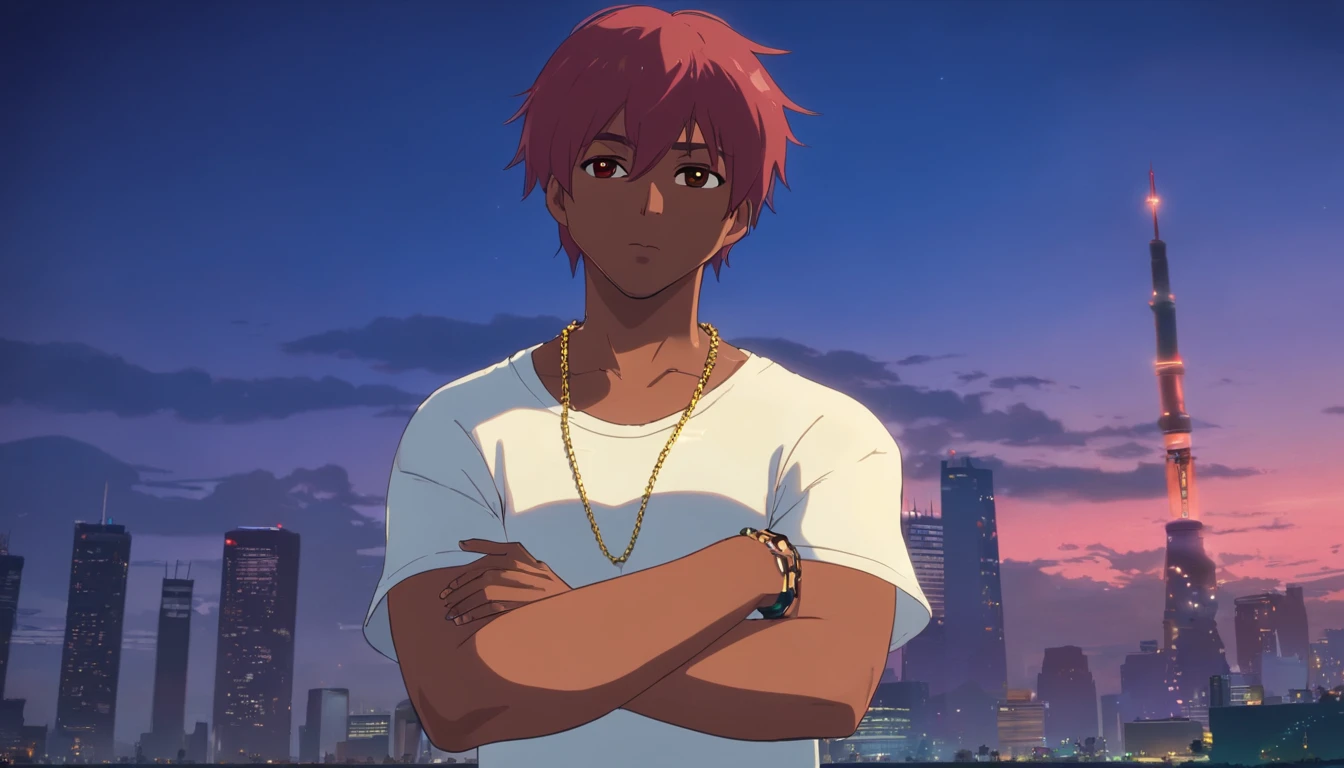 Kanye West with his arms crossed, not shirt, Tatuado, Gold chain around his hip hop style neck, red hair, Sobrancelhas vermelhas, cavanhaque vermelho, GTAV Estilo dos desenhos animados, com fundo vermelho, com raios azuis, estilo dos desenhos animados, foco no fundo dos desenhos animados.