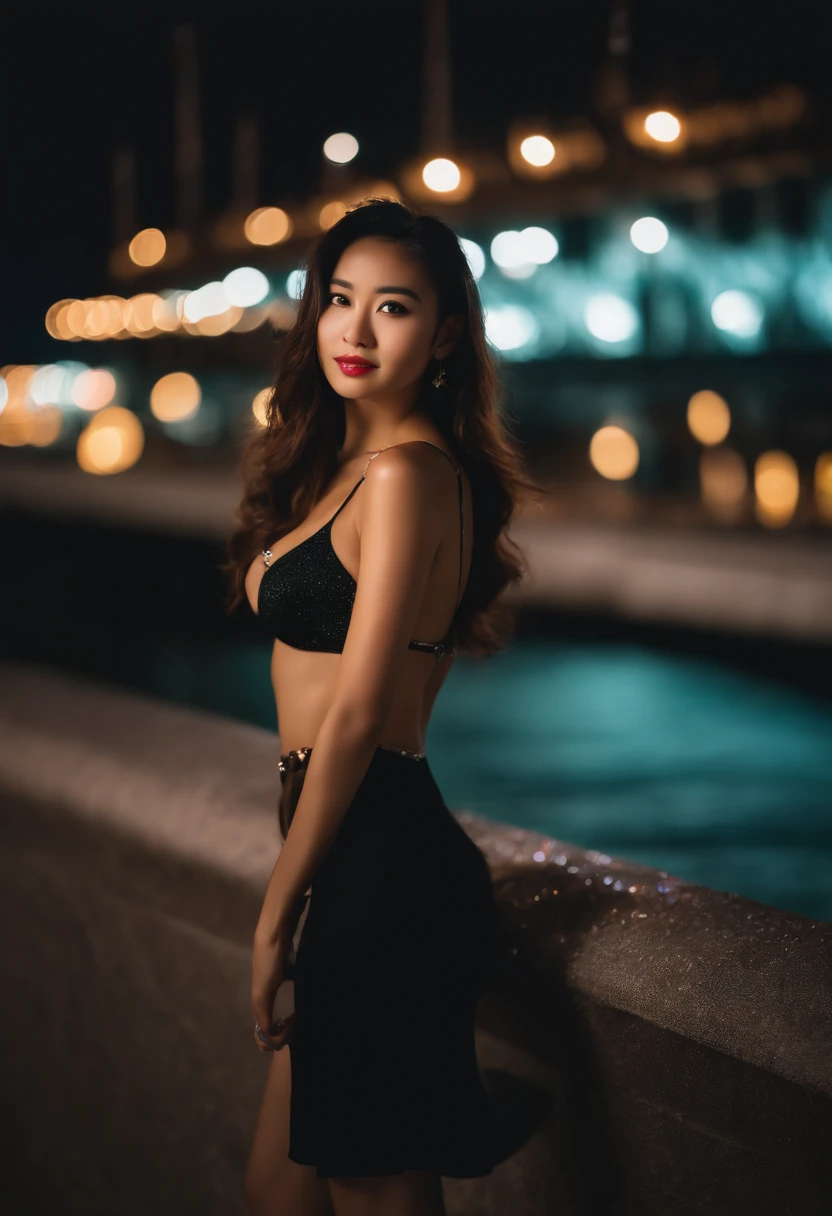 (selfie, top view: 1.4), (straight half of the body: 1.4), RAW UHD portrait photo of a 24-year-old asian (brown-eyed woman) on a beach in bikini, large breasts,, city at night, (skirt), (neckline), details (textures! , hair! , glitter, color!! , disadvantages: 1.1), glossy eyes with high detail (looking at the camera), SLR lighting, SLR camera, ultra-quality, sharpness, depth of field, film grain (center), Fujifilm XT3, crystal clear, frame center, beautiful face, sharp focus, street lamp, neon lighting, bokeh (dimly lit), night, (night sky), detailed skin pores, oily skin, sunburn, complex eye details, full body, large breasts