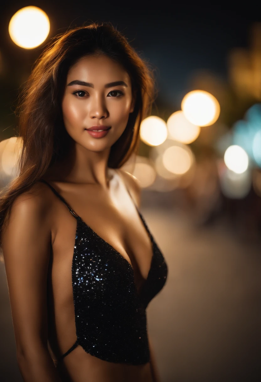 (selfie, top view: 1.4), (straight half of the body: 1.4), RAW UHD portrait photo of a 24-year-old asian (brown-eyed woman) on a beach in bikini, large breasts,, city at night, (skirt), (neckline), details (textures! , hair! , glitter, color!! , disadvantages: 1.1), glossy eyes with high detail (looking at the camera), SLR lighting, SLR camera, ultra-quality, sharpness, depth of field, film grain (center), Fujifilm XT3, crystal clear, frame center, beautiful face, sharp focus, street lamp, neon lighting, bokeh (dimly lit), night, (night sky), detailed skin pores, oily skin, sunburn, complex eye details, full body, large breasts