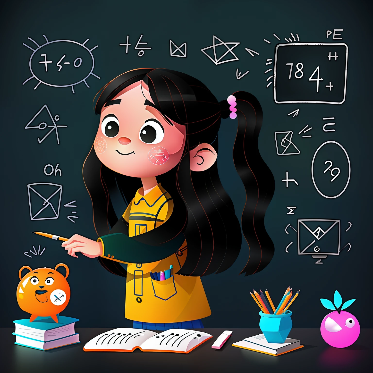 Long-haired girl,Computer,equation,blackboards,O logo,vectorial,Line art,designs,Inspiration,straight line,对称