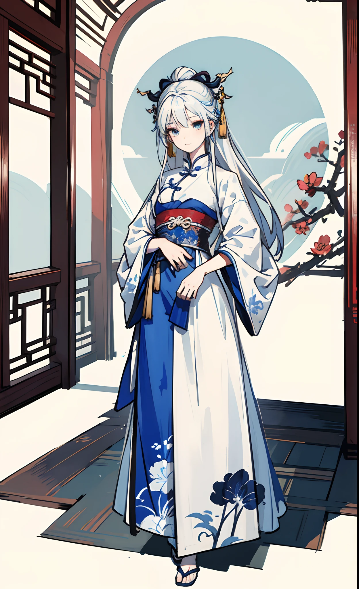 animesque,femele,Blue-white hair,qipao dress,florals,Ancient Chinese style architecture