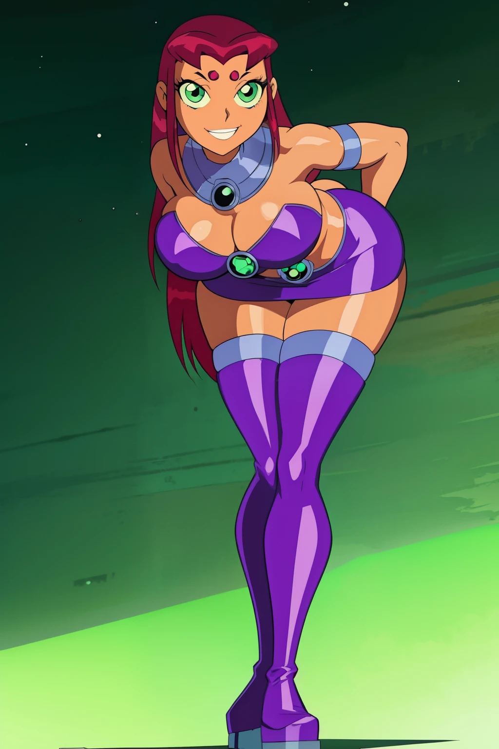 Teen titans art style, teen titans, Starfire, 1girl, ((bimbo))), smile face, green eyes, long red hair, thick, wide hips, erotic, thick thighs, big breast, huge ass, shiny skin, oily skin, purple skirt, cleavage, sexy legs, bending over,
