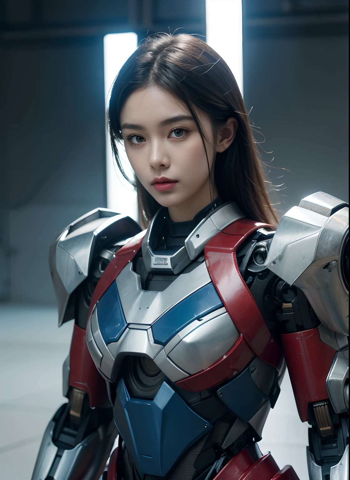 Textured skin, Super Detail, high details, High quality, Best Quality, hight resolution, 1080p, hard disk, Beautiful,(Iron Patriot),beautiful cyborg woman,Mecha Cyborg Girl,Battle Mode,Girl with a Mecha Body,She wears a futuristic Iron Patriot mech,Fulll body Shot