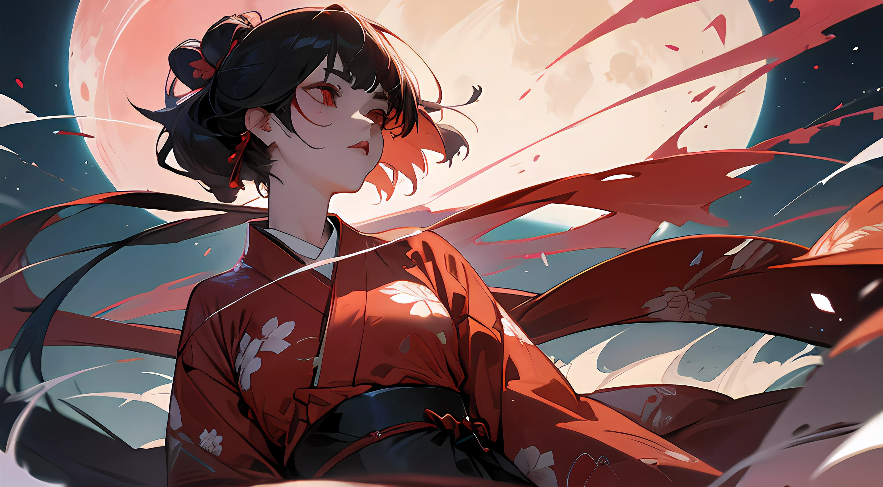 Cool Japan Anime red lipsticks battle field waist knife Kimono Floral kimono Red Full Moon in the upper right corner long Facial Bloodstains