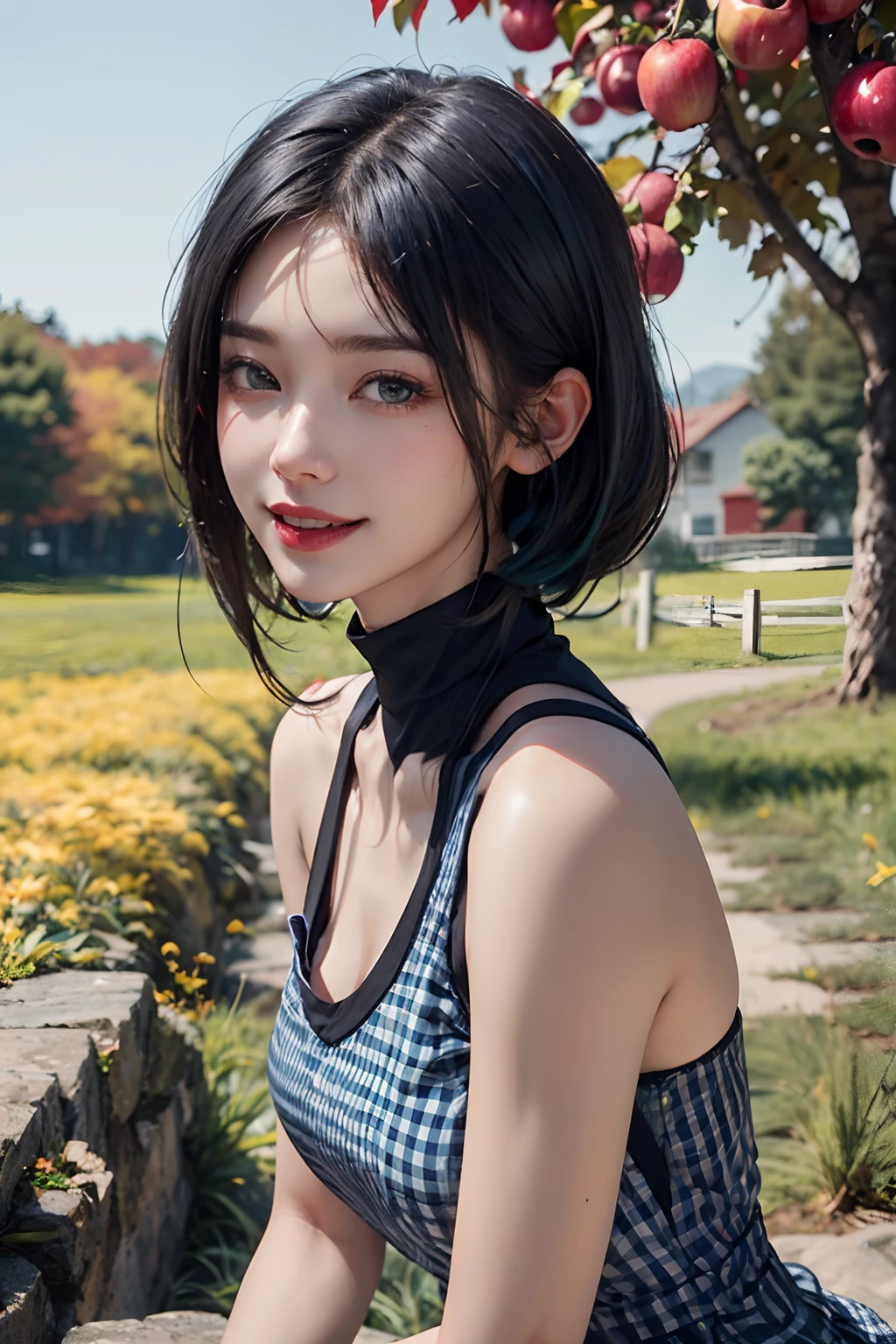 a 20 yo woman、Black blue Hair、poneyTail、Big smile、Blue gingham check dress、full bodyesbian、(hi-top fade:1.3)、dark themed、Muted Tones、Subdued Color、highly contrast、Green meadow background、Have autumn fruits、apple、(natural skin textures、Hyper-Realism、Soft light、sharp)