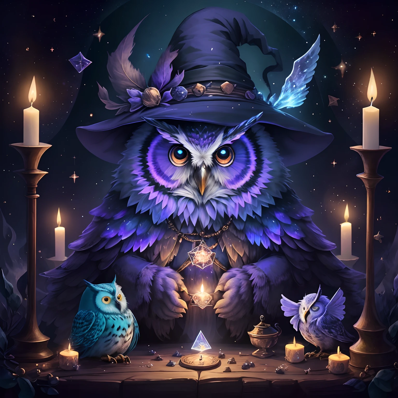 The magic of witch making, candles, Magical, 8K, Tarot Cards,crystalline,owl