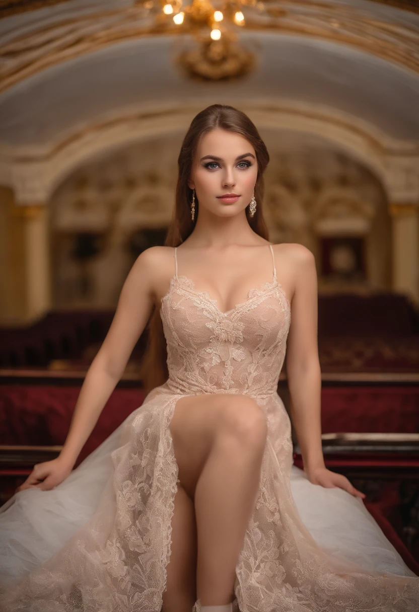 Young beautiful Russian woman, 18 years, Completely naked, Without bra, no panty, standing on the podium, hands behind head, legs separated, crotch to the camera, big round breasts, Narrow waist, beautiful thighs in lace stockings, nice legs, High-heeledshoes.