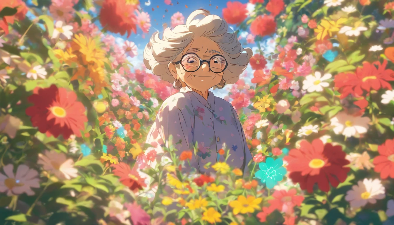 Grandmother with small eyes in the shade of glasses，Rir Feliz，The back is surrounded by lots of flowers