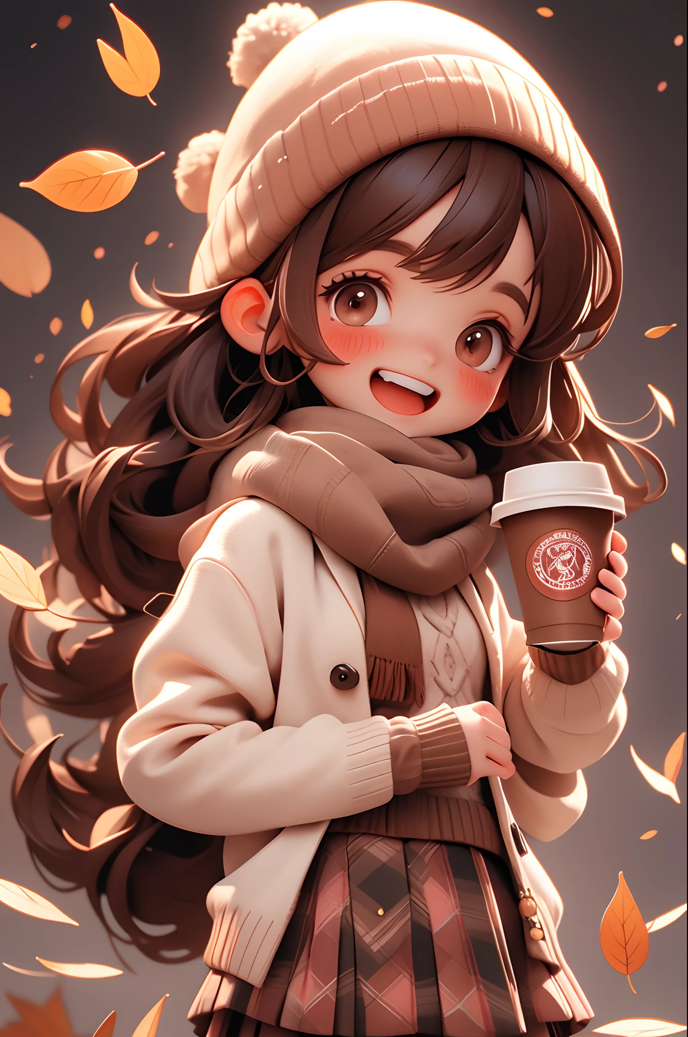 extremely detailed, intricate, masterpiece, absurdres,1girl, (\:d:1.0) autumn leaves, chibi,bangs, black headwear, blurry background, blush, brown eyes, brown hair, brown scarf, brown skirt, cardigan, cowboy shot, disposable cup, falling leaves, beanie, holding, holding coffee, leaf, long hair, long sleeves, looking at viewer, open cardigan, open mouth, plaid skirt, puffy long sleeves, red sweater, scarf, shirt tucked in, sidelocks, skirt, smile, solo, sweater, white shirt,,