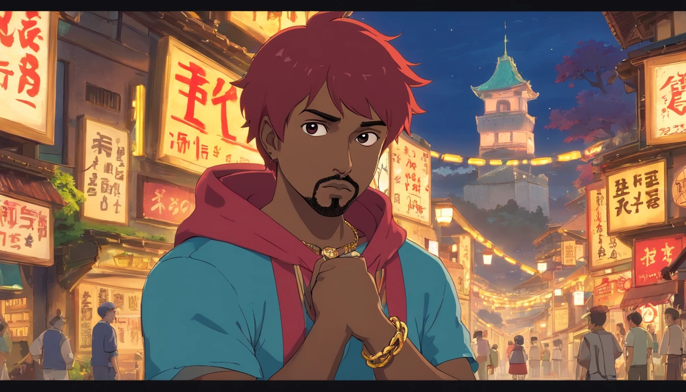 Kanye West with his arms crossed, not shirt, Tatuado, Gold chain around his hip hop style neck, red hair, Sobrancelhas vermelhas, cavanhaque vermelho, GTAV Estilo dos desenhos animados, com fundo vermelho, com raios azuis, estilo dos desenhos animados, foco no fundo dos desenhos animados.