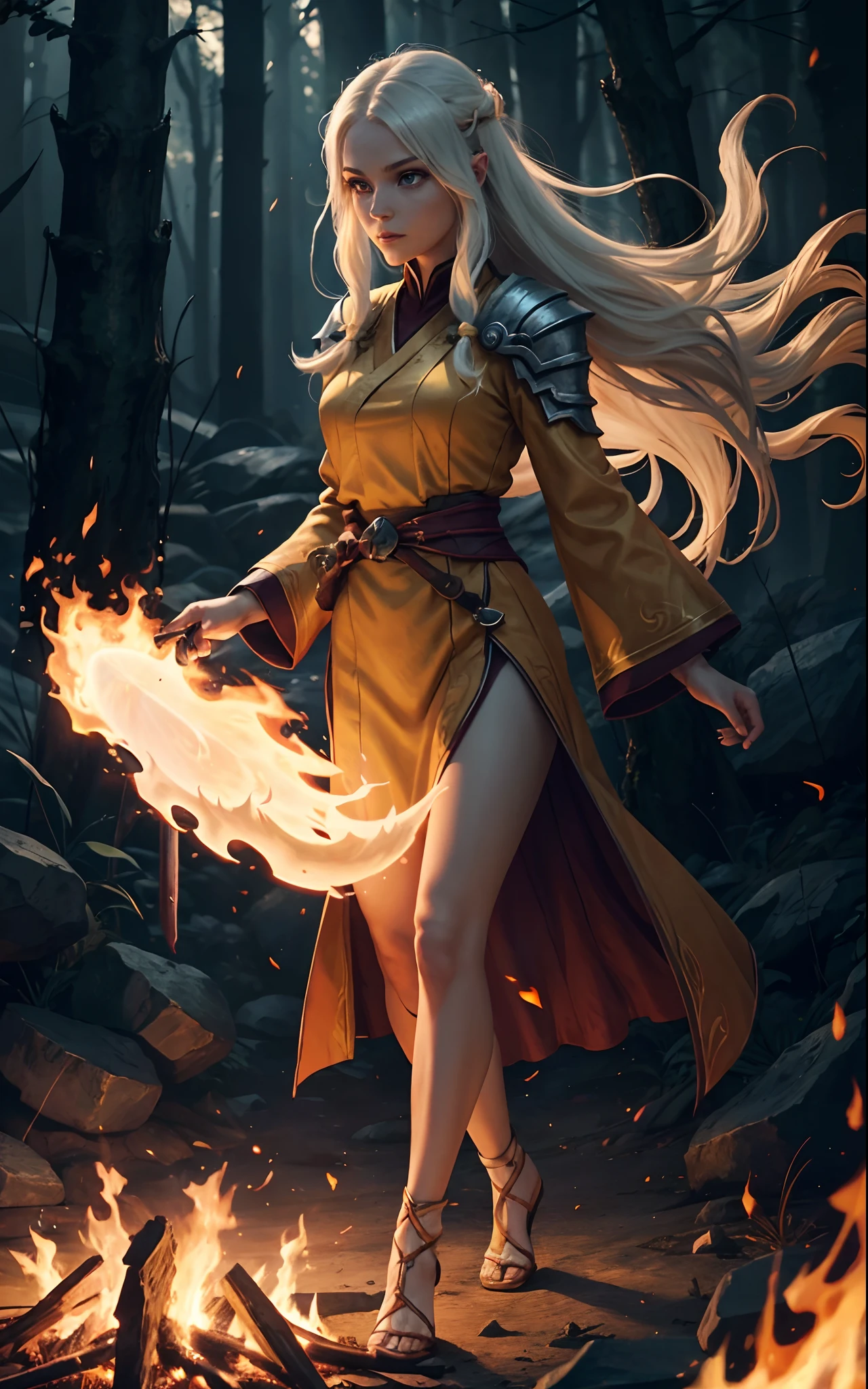 An outstanding beautiful white girl blowing, firelight, flame surrounding, fire magic messenger, dota 2 fire girl style, ghost knife style, fire-like hair, long white hair, watery blue yellow eyes, thin waist, wide hips, fire mage robes, magic colors, World of Warcraft style, Ultra HD, 8K, real skin texture, best light, best shadow, Prone view, small mouth, small nose, big eyes, cute, full body, perfect body proportions, enhanced contrast, fire dragon as background, void fragments